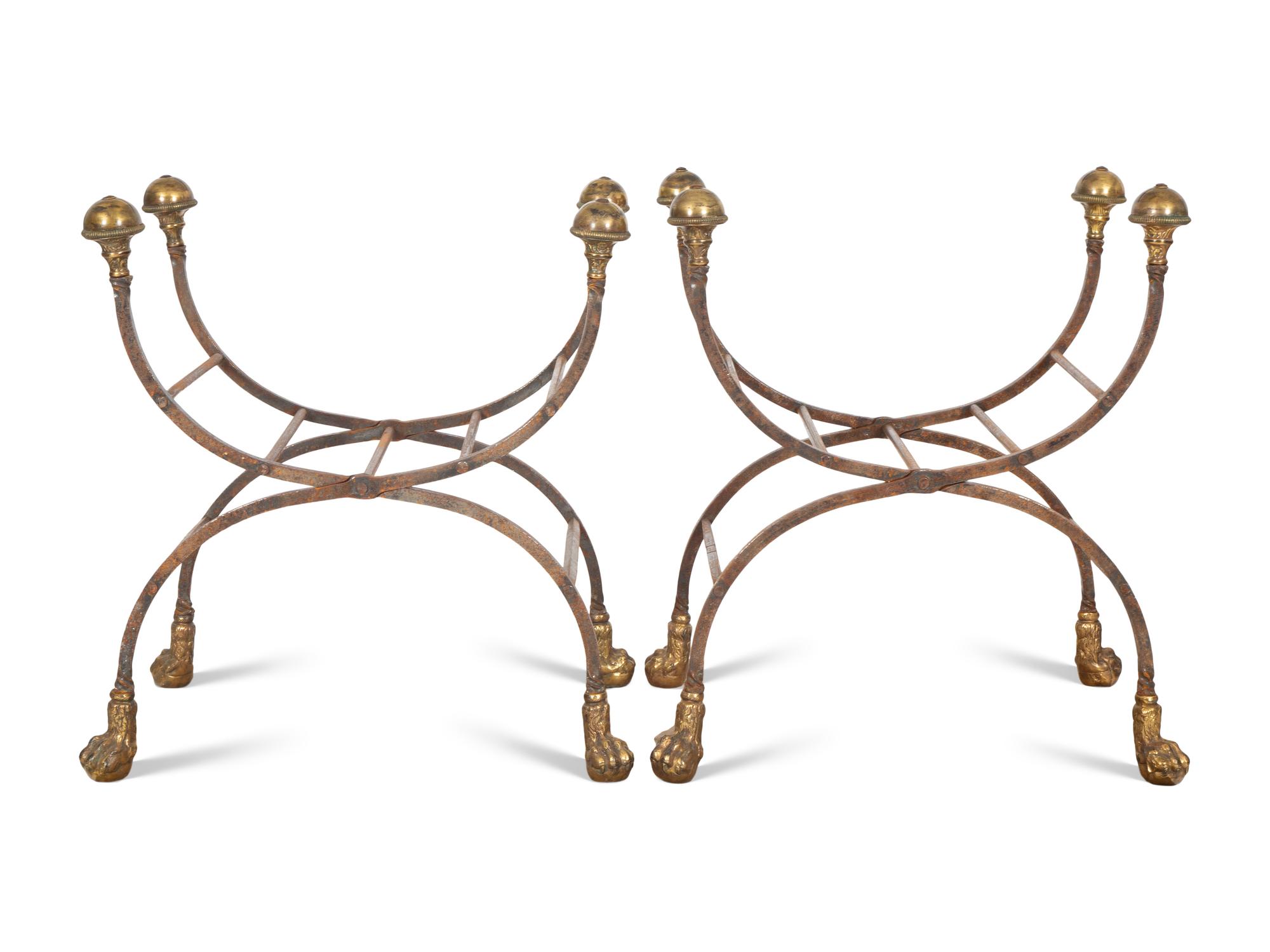 A Pair of Contemporary Curule-form Wrought Iron and Brass Stools