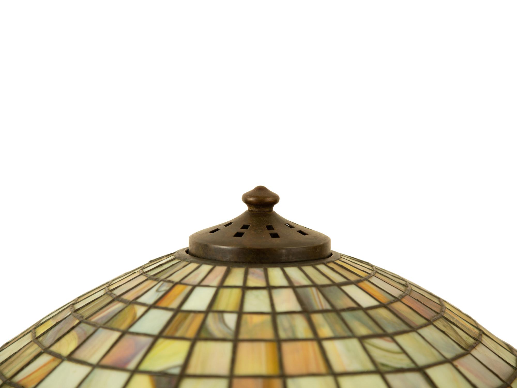 An American Leaded Glass and Patinated Metal Table Lamp