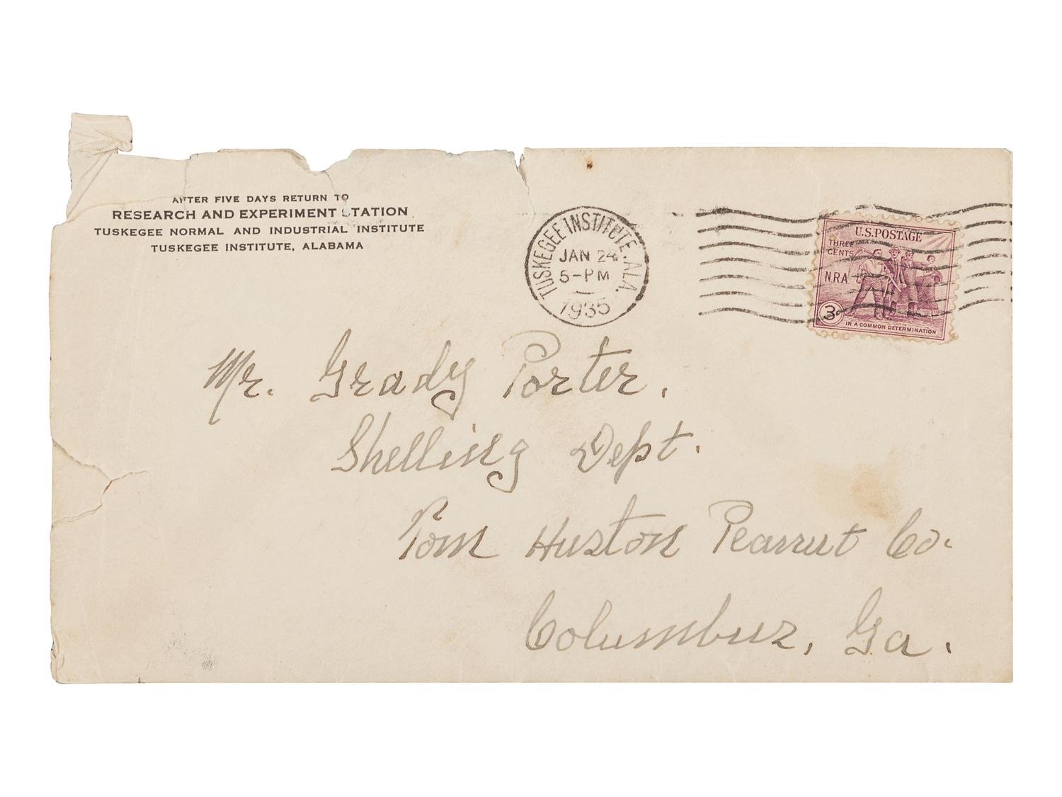 CARVER, George Washington (1860s-1943). Autograph letter signed (“G.W. Carver.”), as Director of Research and Experiment Station at Tuskegee Institute, to Grady Porter. Tuskegee, 17 February 1935. 1 page, 8vo, on Tuskegee Normal and Industrial Institute letterhead, with envelope, light creasing.