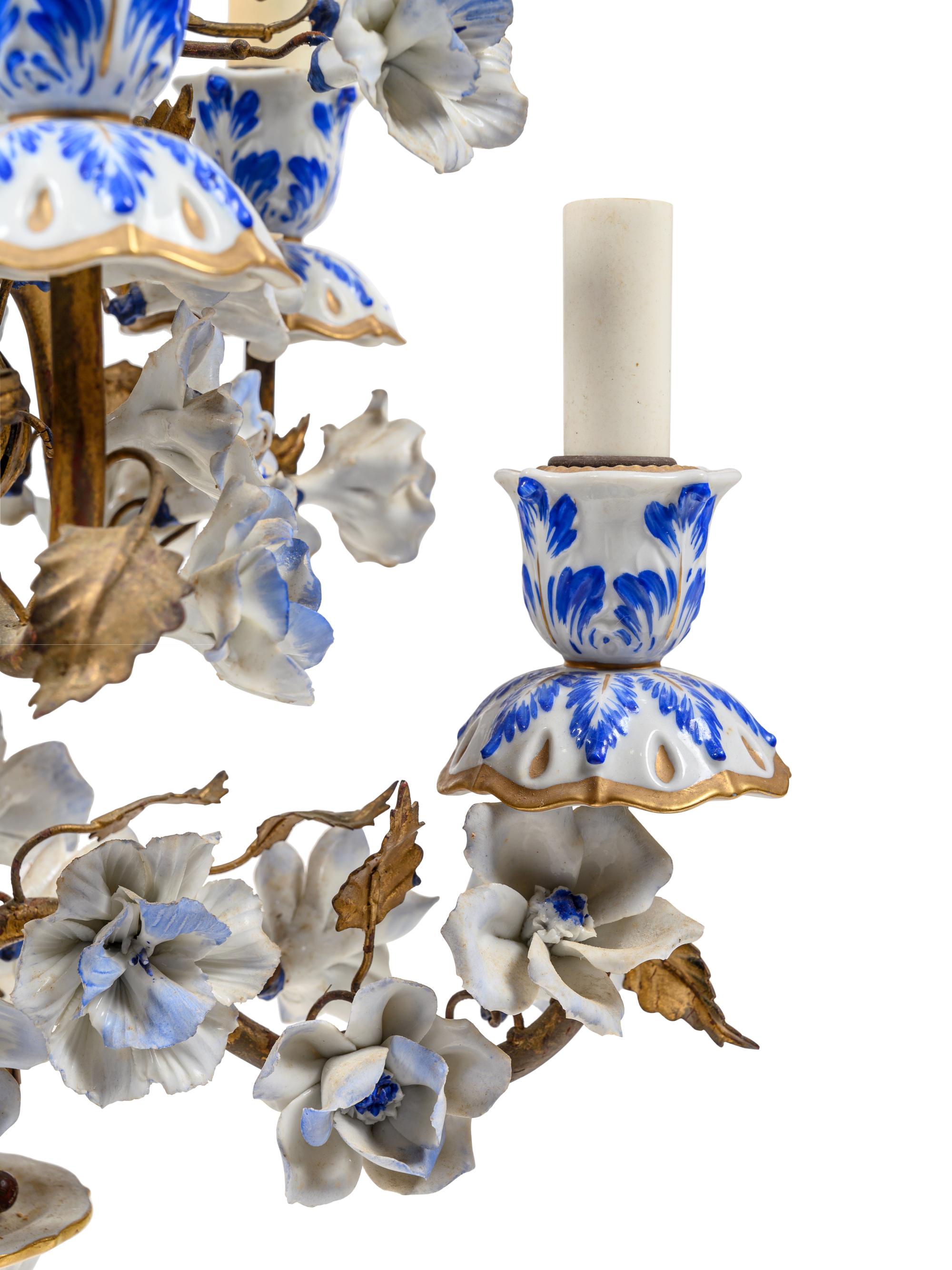 An Italian Gilt Metal and Porcelain Mounted Seven-Light Candelabrum