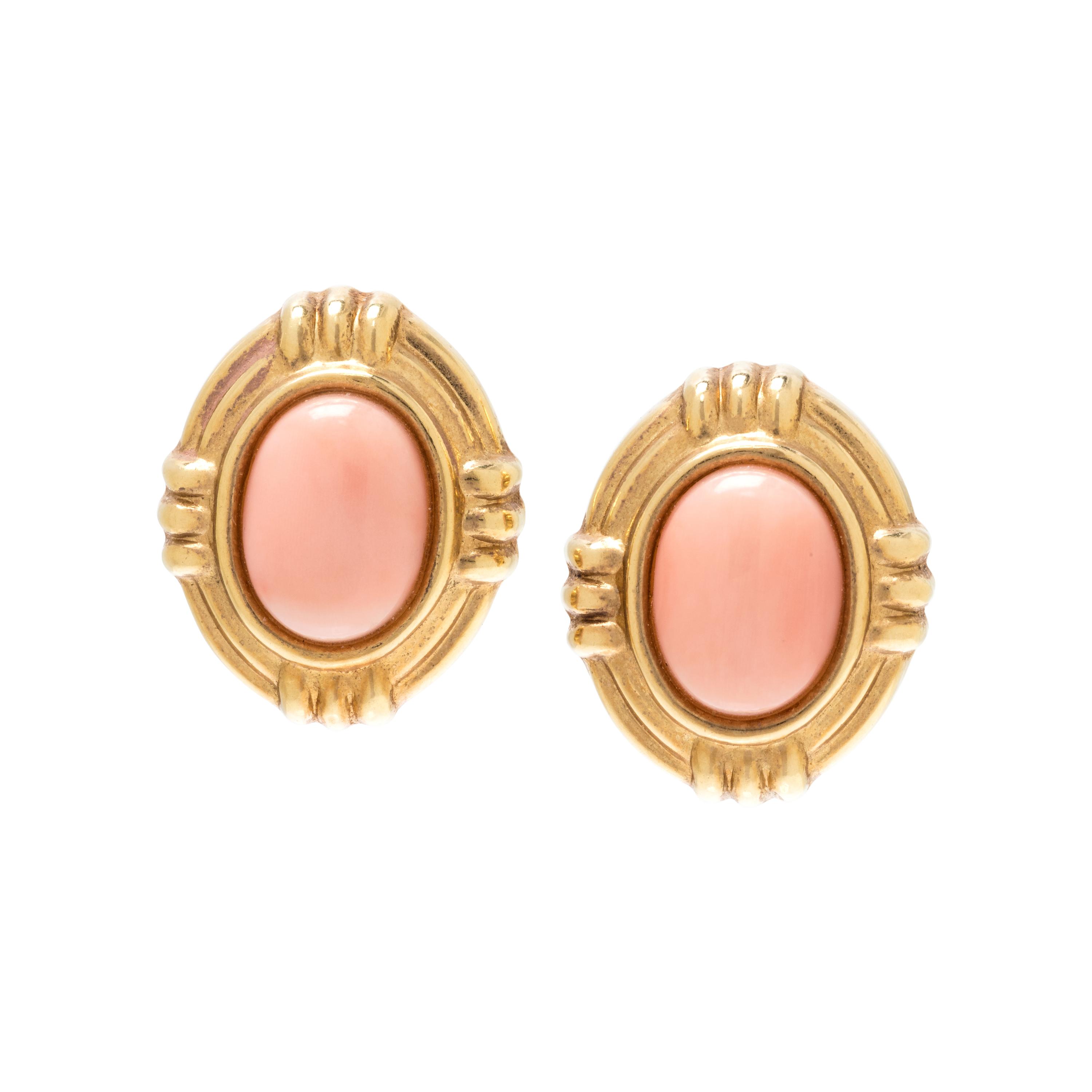 YELLOW GOLD AND ANGEL SKIN CORAL EARCLIPS