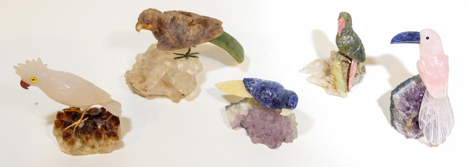 A Group of Five Carved Stone Birds. Height of tallest overall 4 1/2 inches.