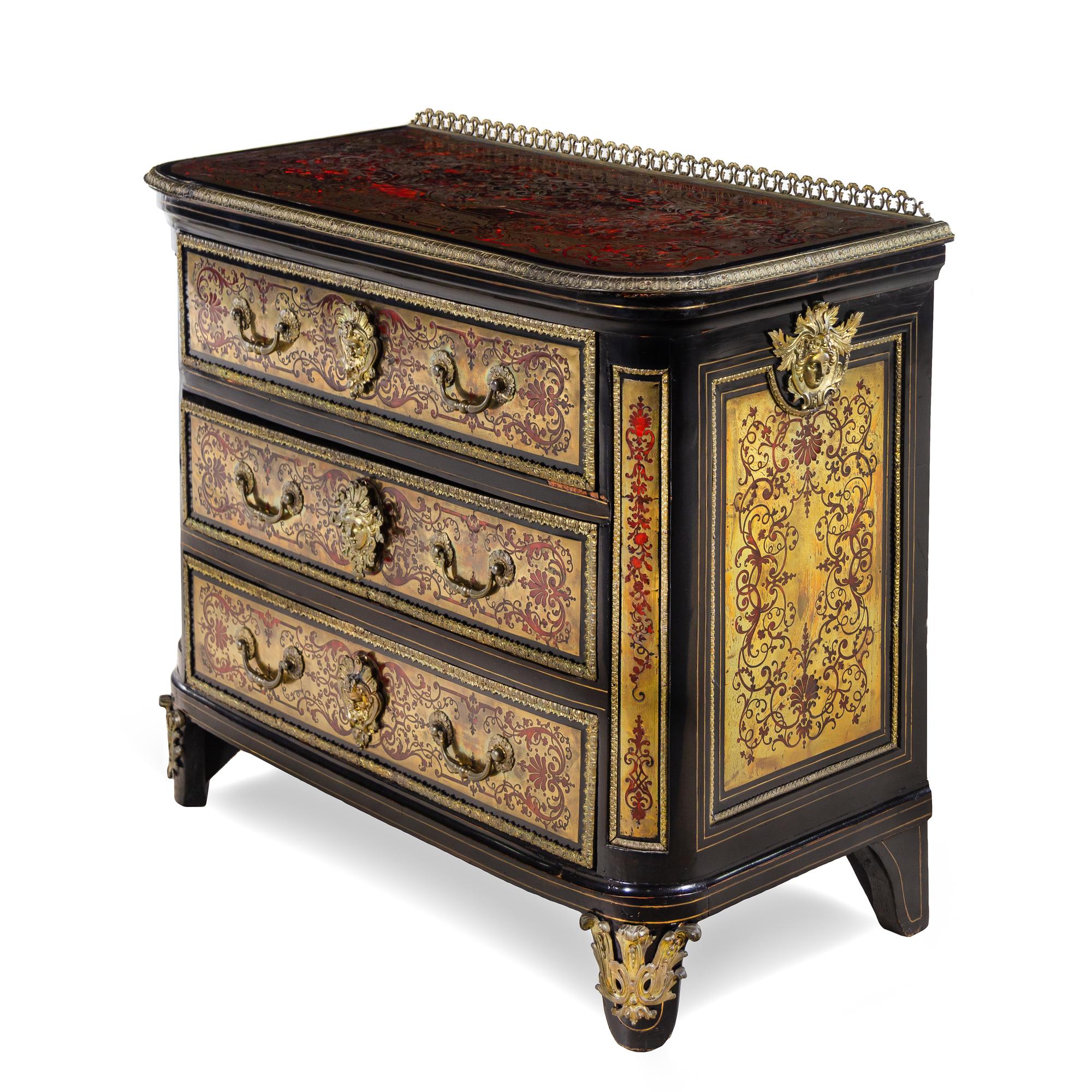 A Louis XIV Gilt Bronze Mounted Tortoise Shell and Brass Marquetry Commode in the Manner of André-Charles Boulle