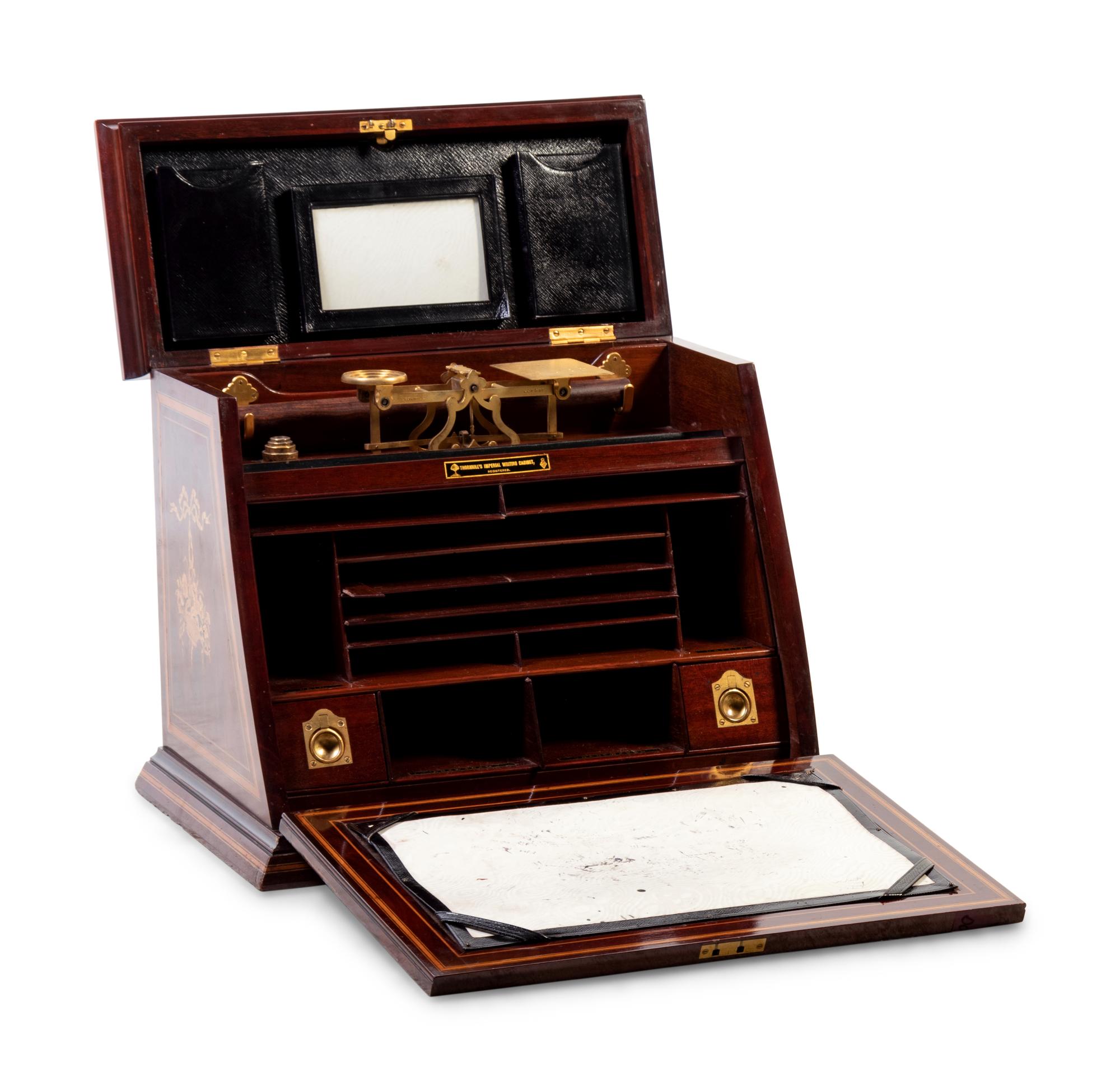 An English Brass-Mounted Mahogany Thornhill's Imperial Writing Cabinet