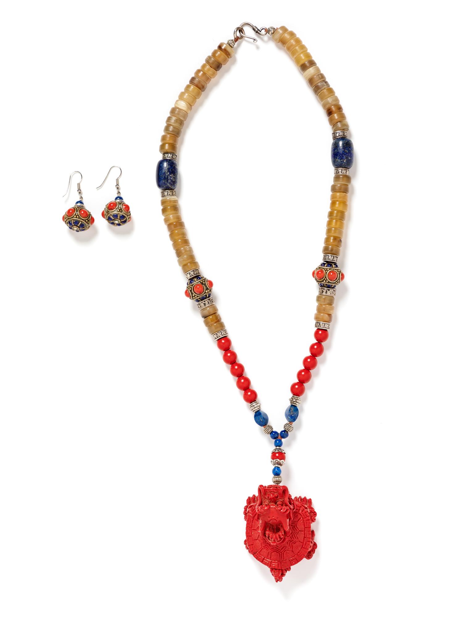 A Lapis and red Dragon Necklace and Earrings, 20th Century