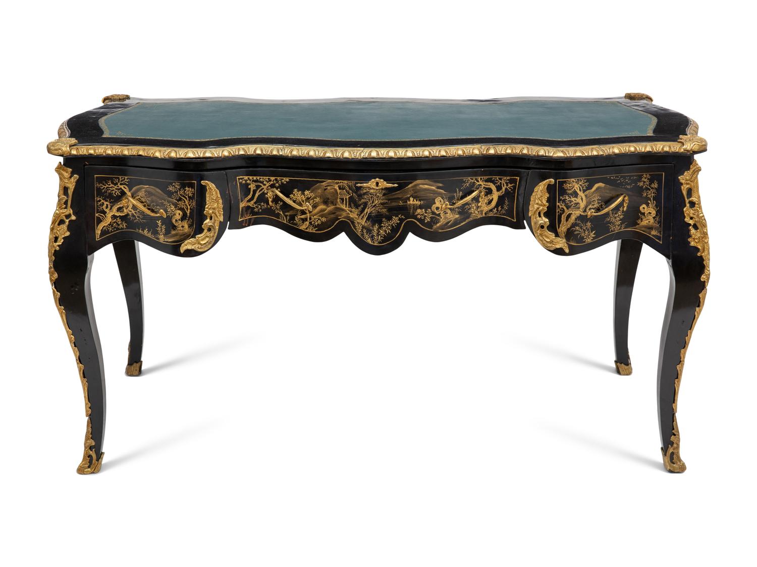A Louis XV Style Gilt Metal Mounted Black and Gilt-Japanned Bureau Plat
