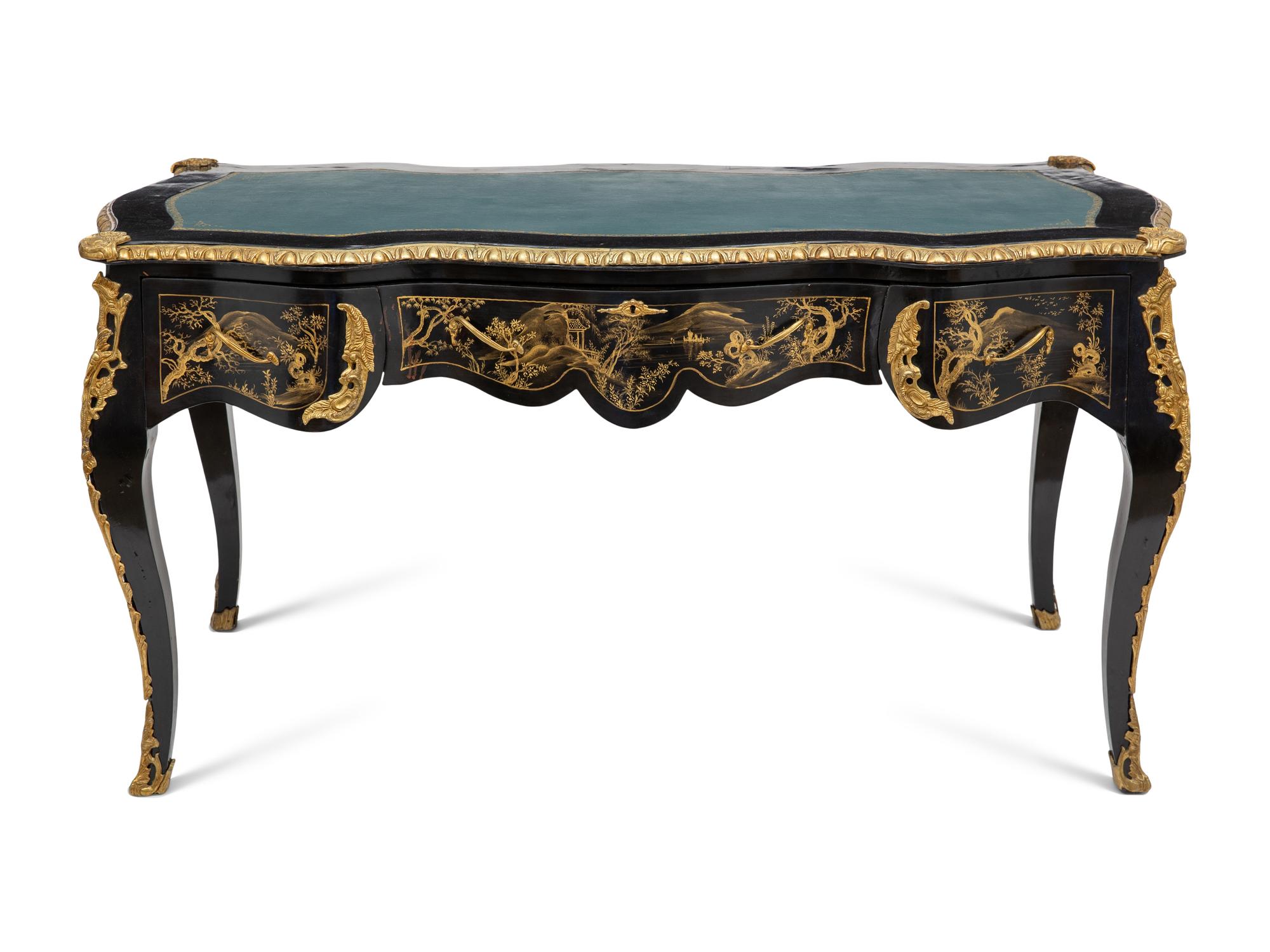 A Louis XV Style Gilt Metal Mounted Black and Gilt-Japanned Bureau Plat