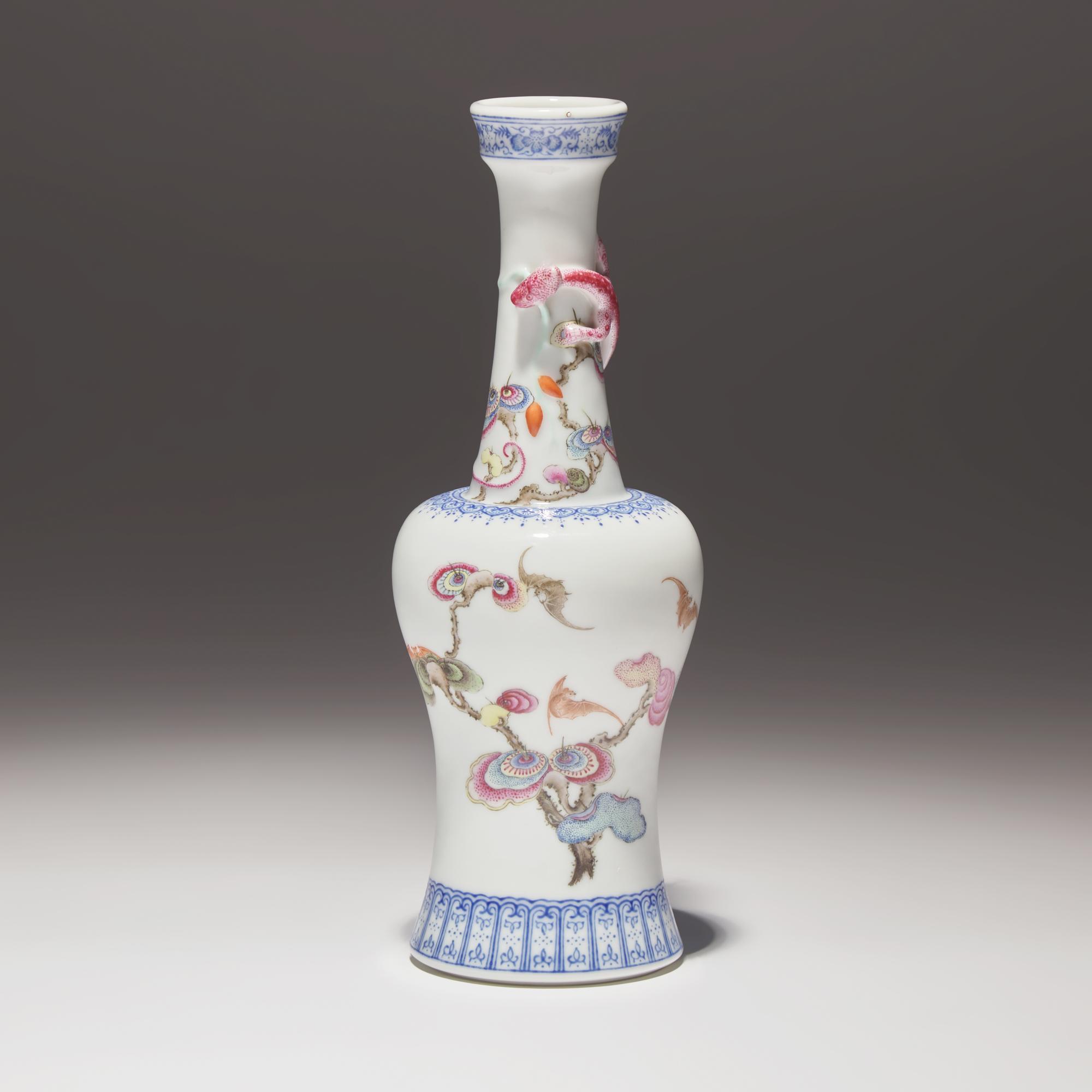 A Finely Decorated Chinese Enameled 'Lingzhi and Chilong' Porcelain Vase, Yongzheng Mark — 雍正款 粉彩靈芝紋盤螭龍搖鈴尊