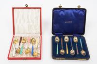 A Group of Danish and English Silver-Gilt and Enamel Flatware Articles Diameter of salts 2 inches.