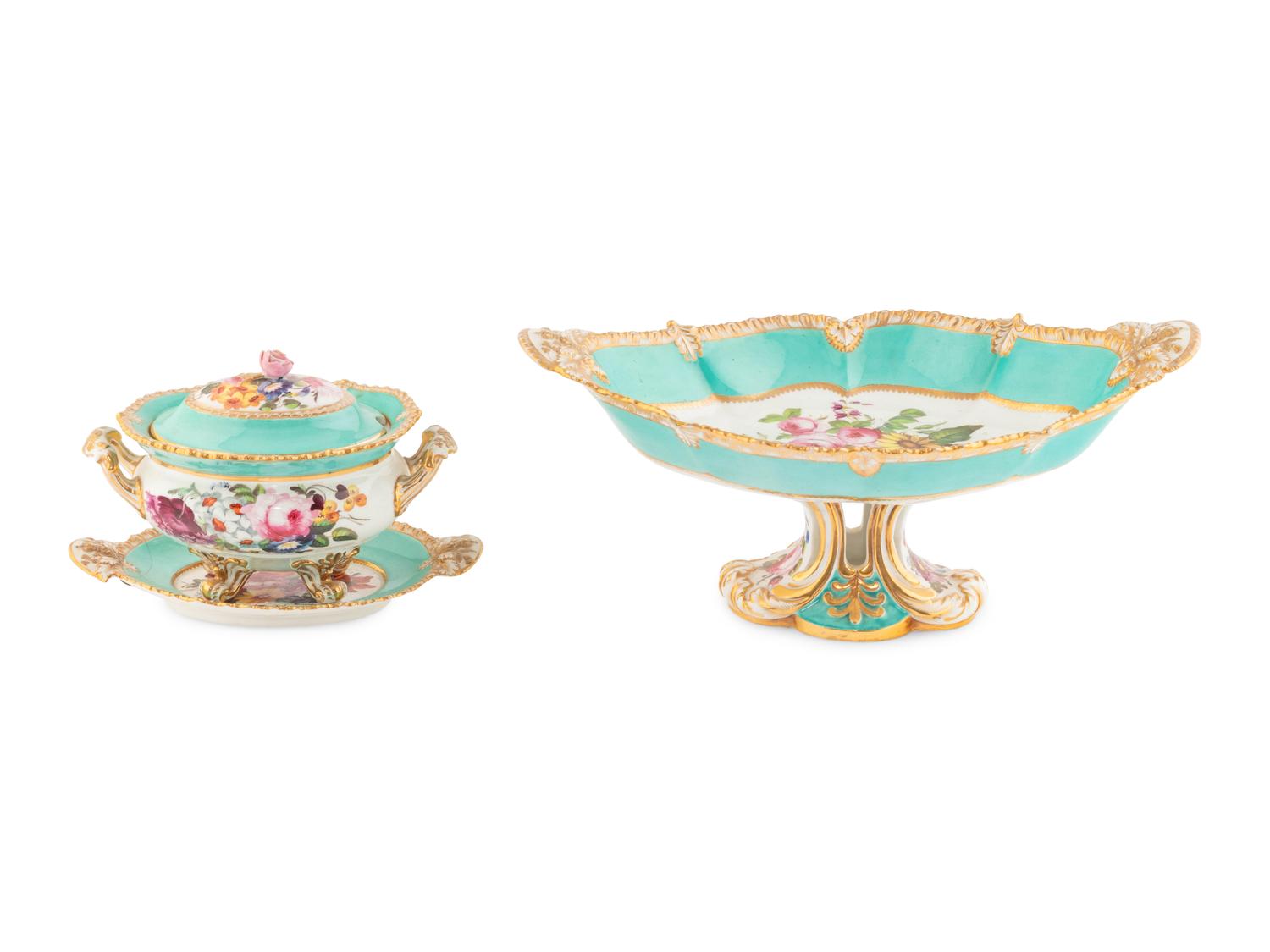 An English Porcelain Dessert Stand and Sauce Tureen
