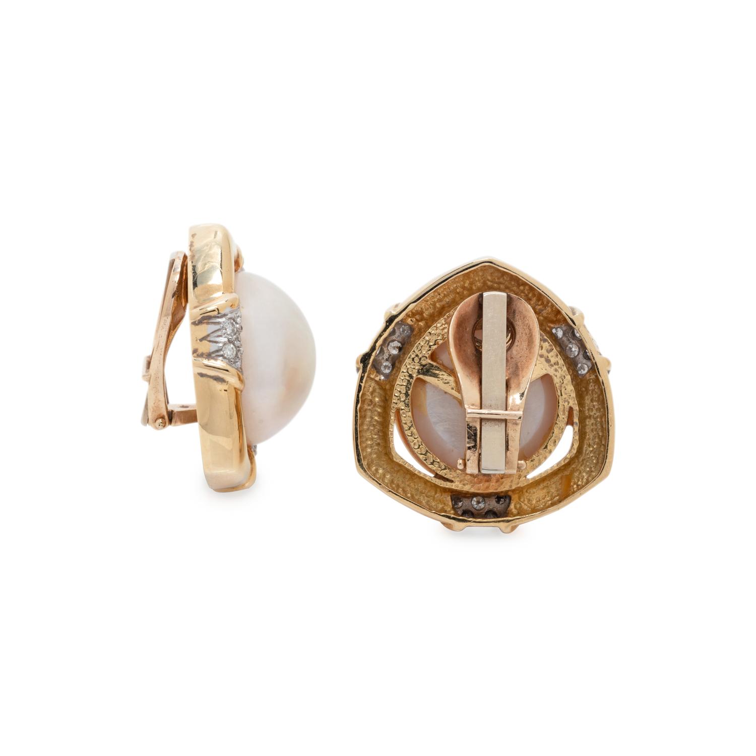CULTURED MABE PEARL AND DIAMOND EARCLIPS
