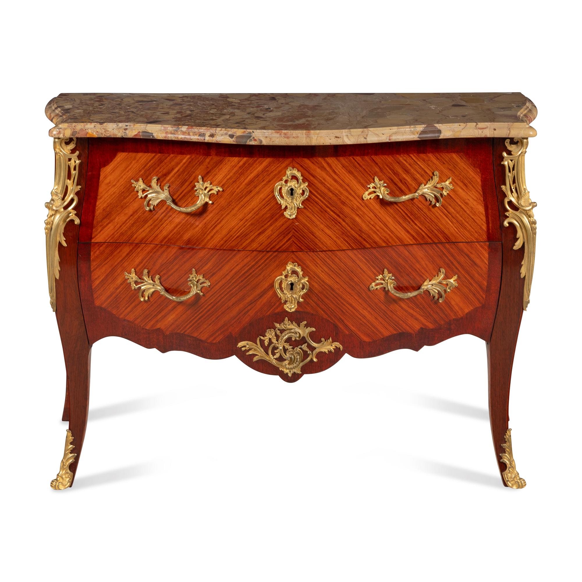 A Louis XV Style Gilt Bronze Mounted Mahogany, Kingwood and Breche d'Alep Marble-Top Commode