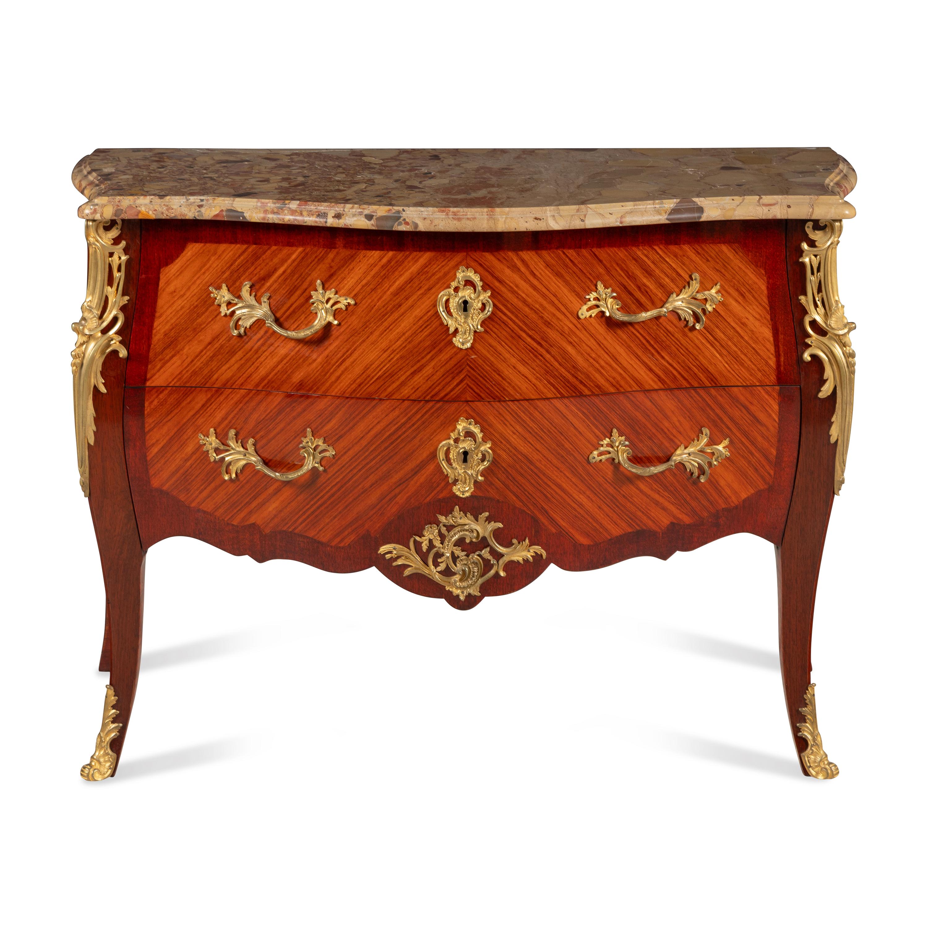 A Louis XV Style Gilt Bronze Mounted Mahogany, Kingwood and Breche d'Alep Marble-Top Commode