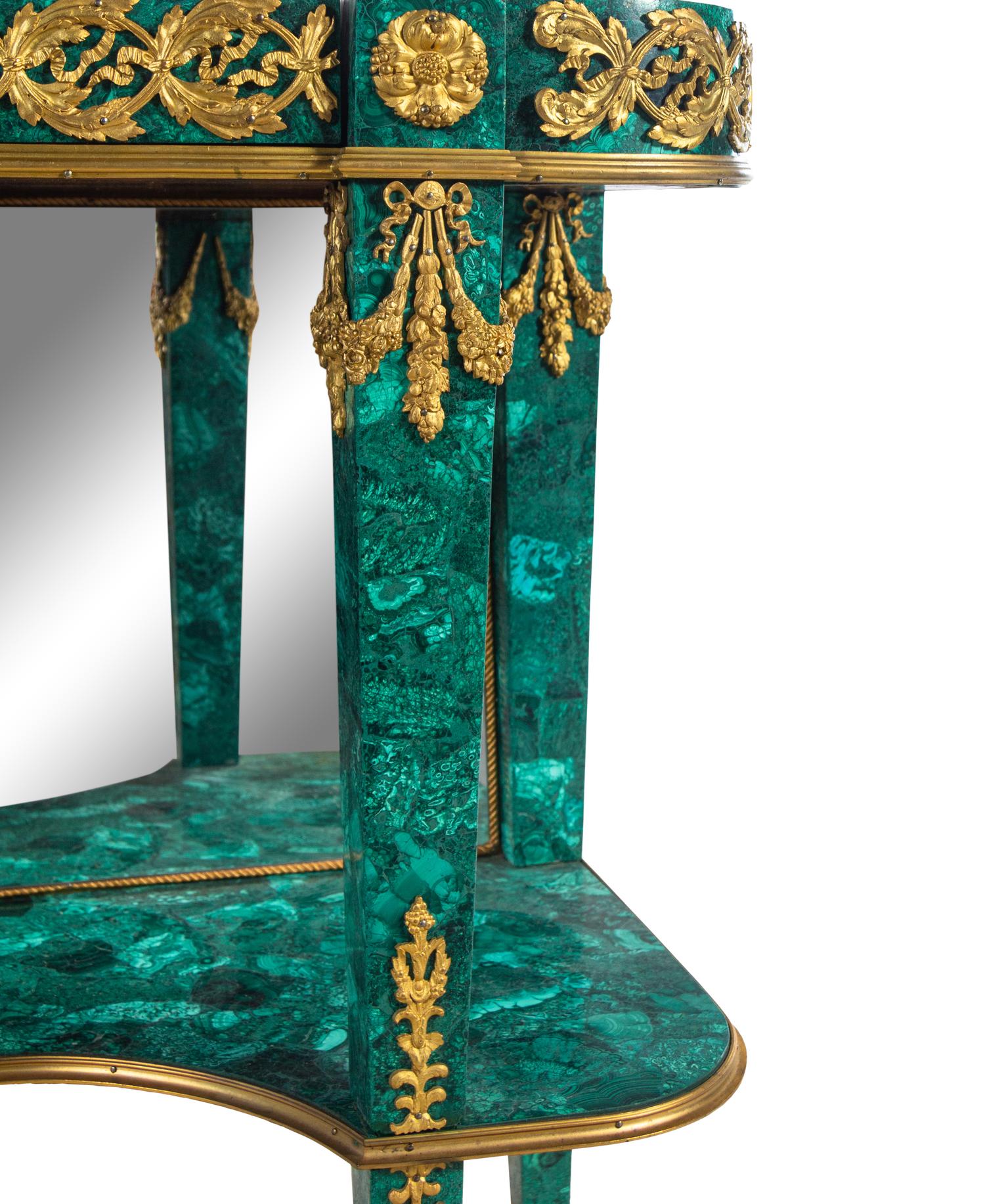 A Louis XVI Style Gilt Bronze Mounted Malachite Veneered Vitrine Cabinet
