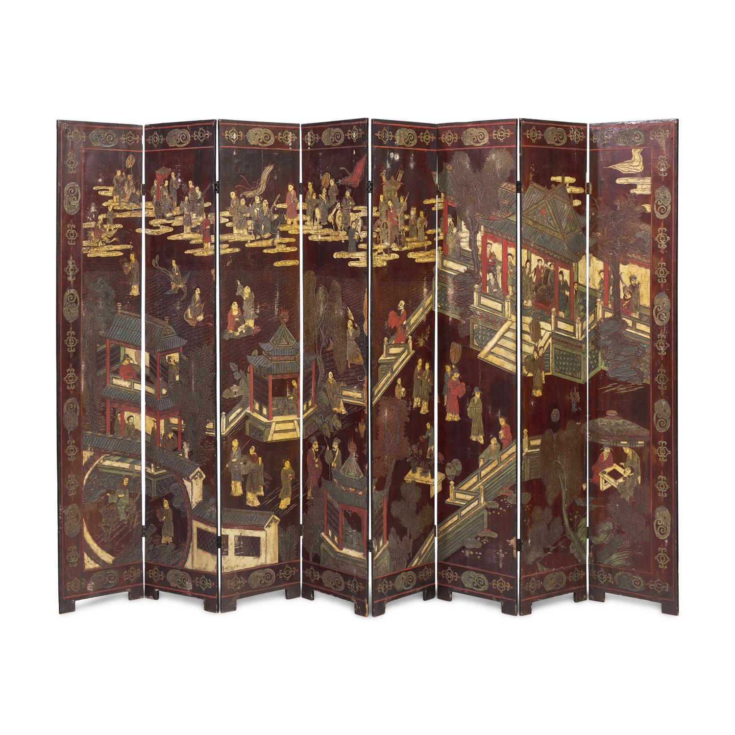 A Chinese Eight-Panel Coromandel Screen, Qing Dynasty 清乾隆乙未（1775）款 款彩鹤鹿同春图八扇屏