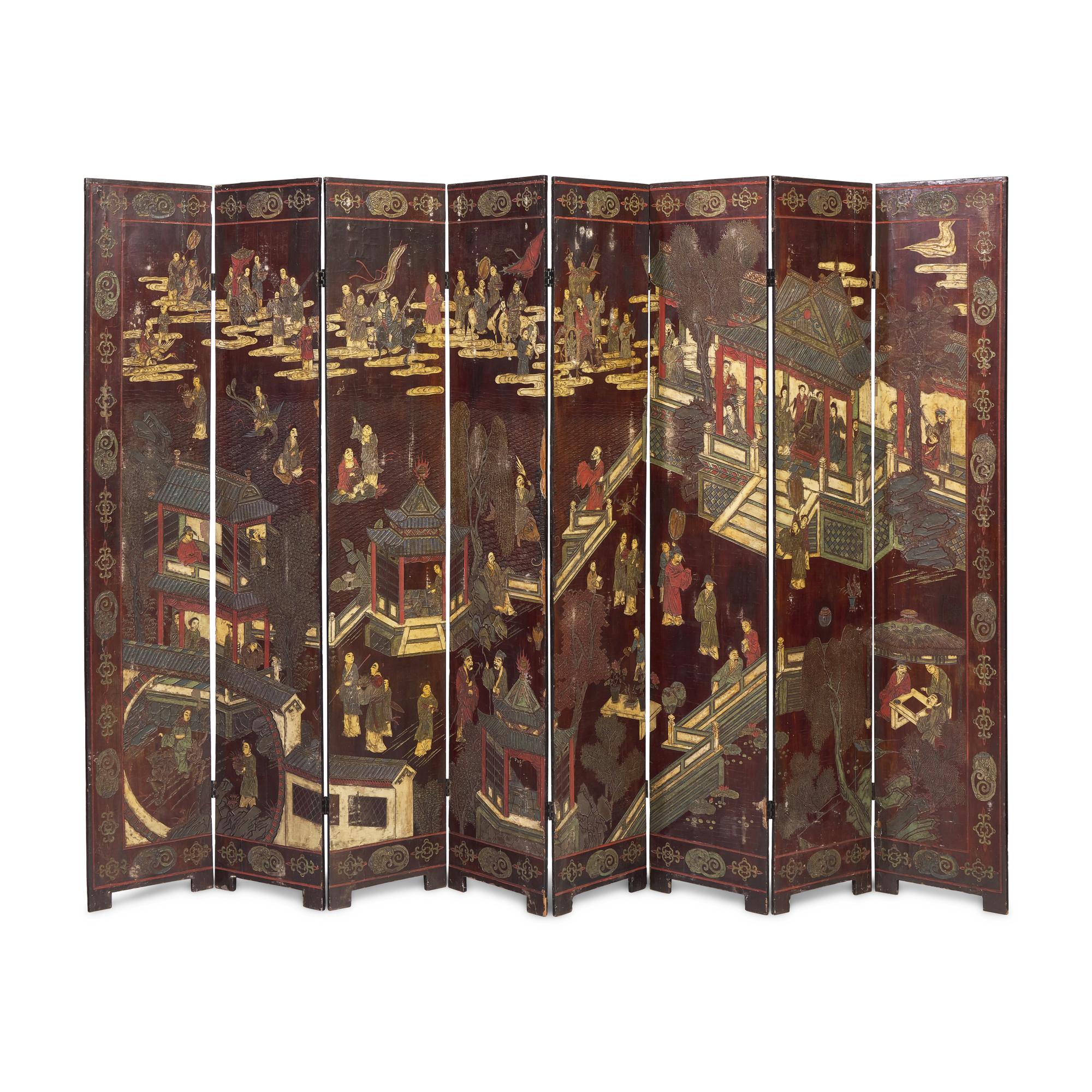 A Chinese Eight-Panel Coromandel Screen, Qing Dynasty 清乾隆乙未（1775）款 款彩鹤鹿同春图八扇屏