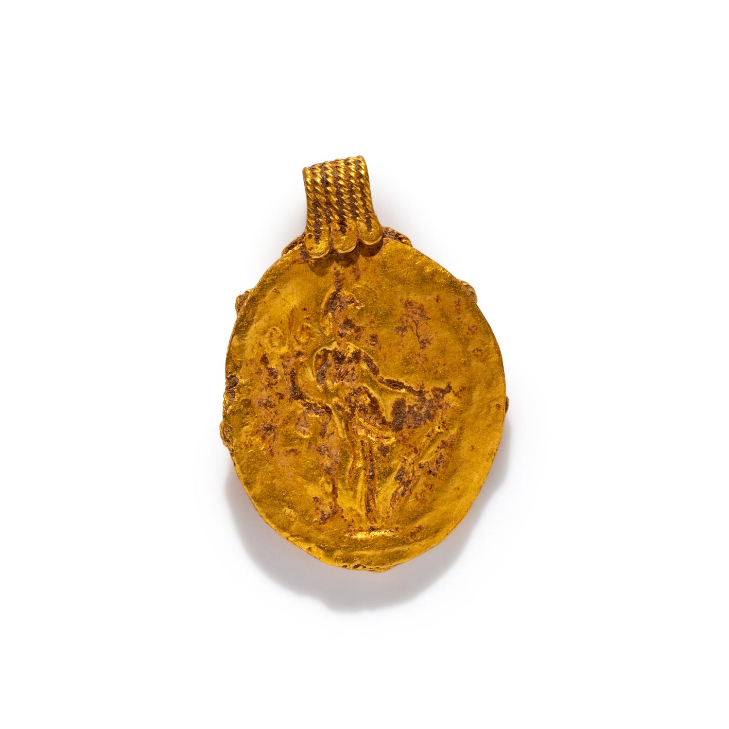 A Roman Gold and Green Glass Pendant with the Goddess Fortuna