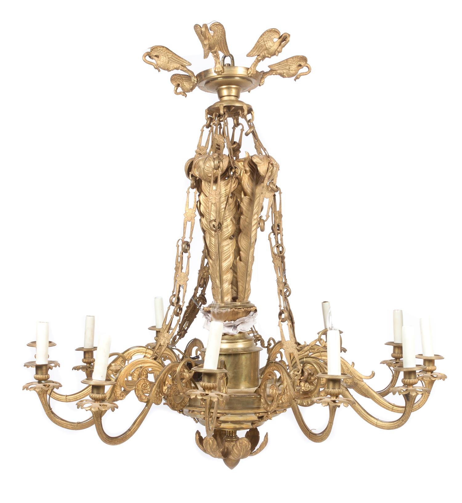 A Neoclassical Gilt Metal and Bronze Twelve-Light Chandelier Height 42 inches.