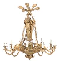 A Neoclassical Gilt Metal and Bronze Twelve-Light Chandelier Height 42 inches.