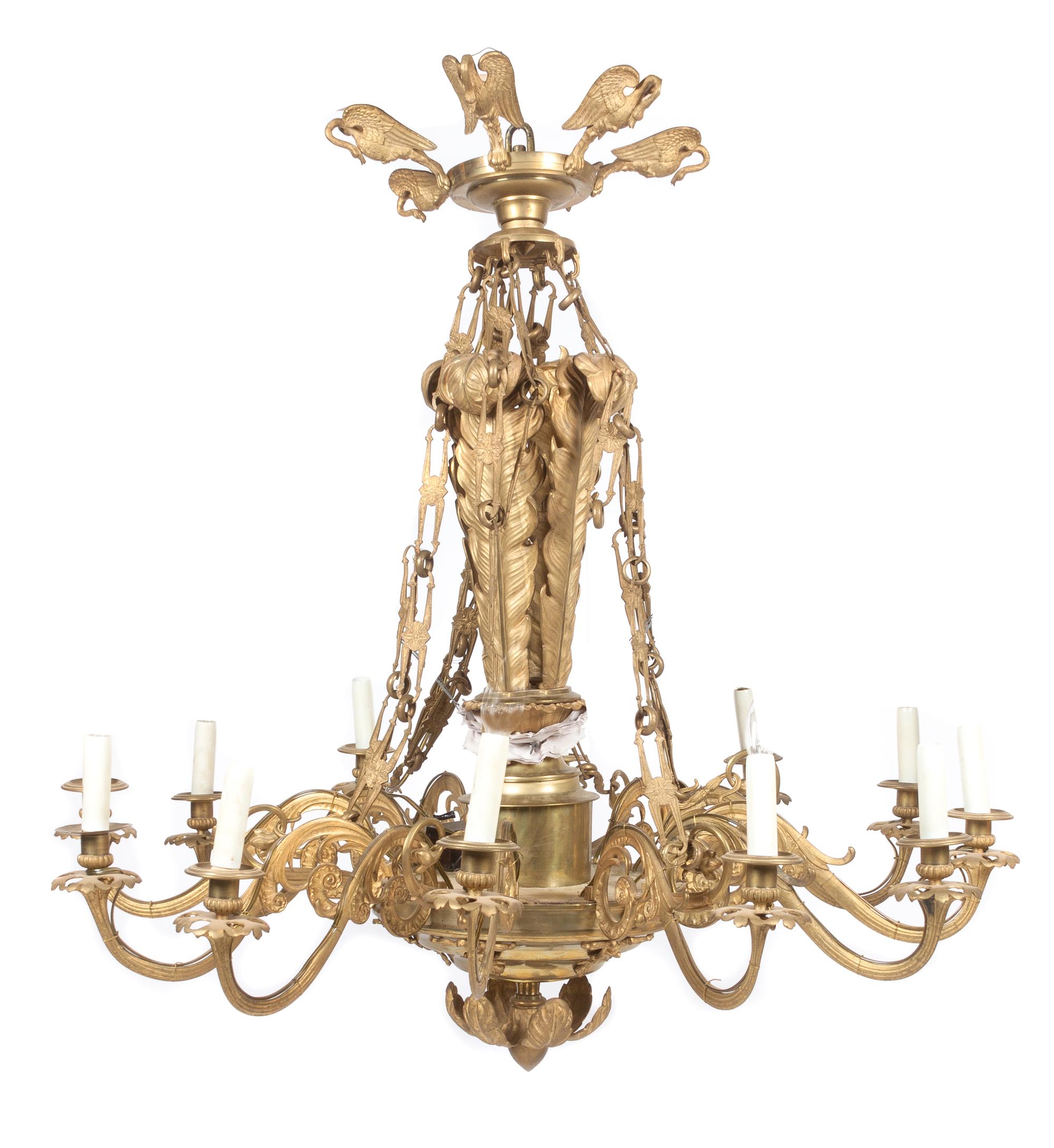 A Neoclassical Gilt Metal and Bronze Twelve-Light Chandelier Height 42 inches.