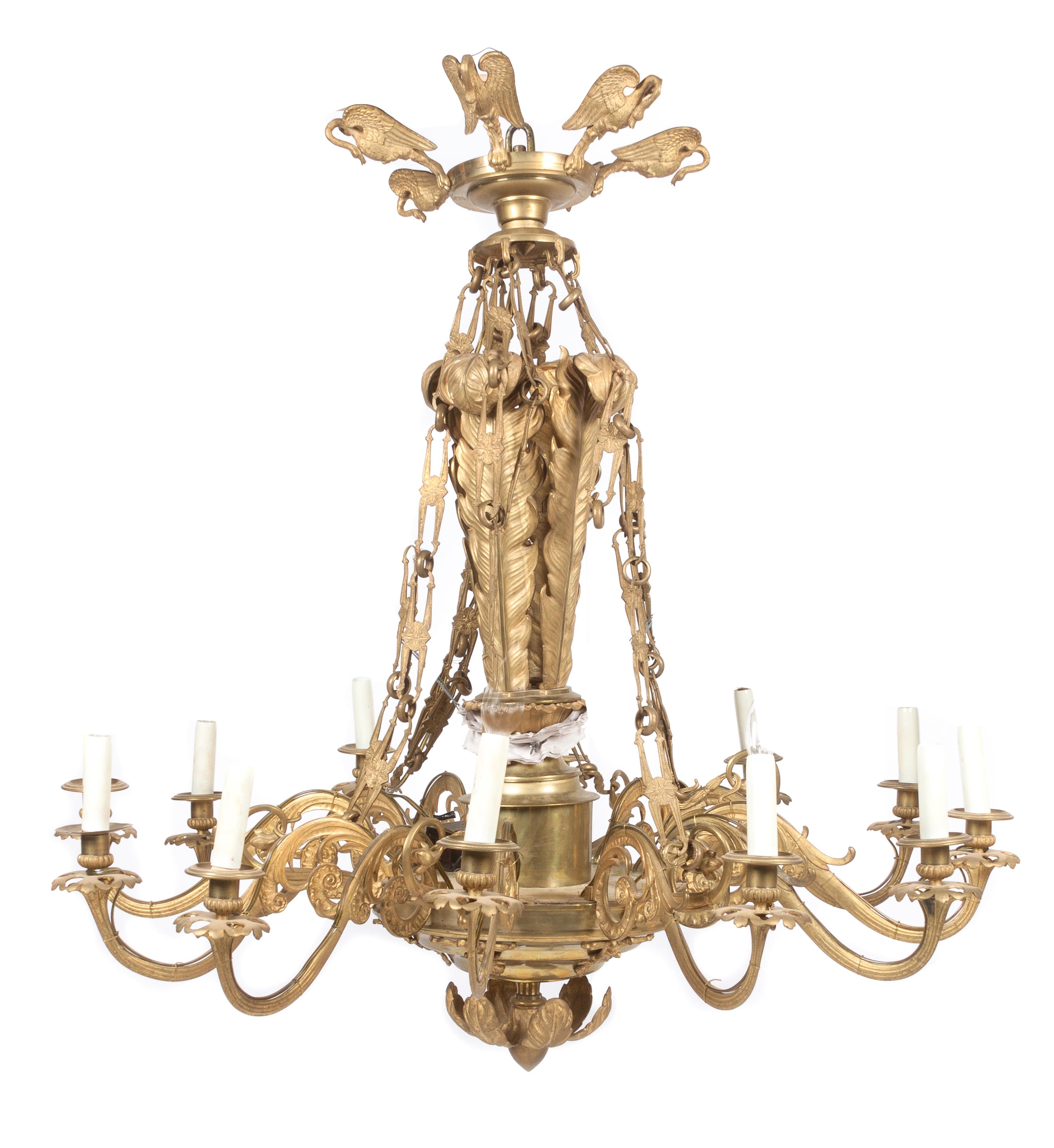 A Neoclassical Gilt Metal and Bronze Twelve-Light Chandelier Height 42 inches.