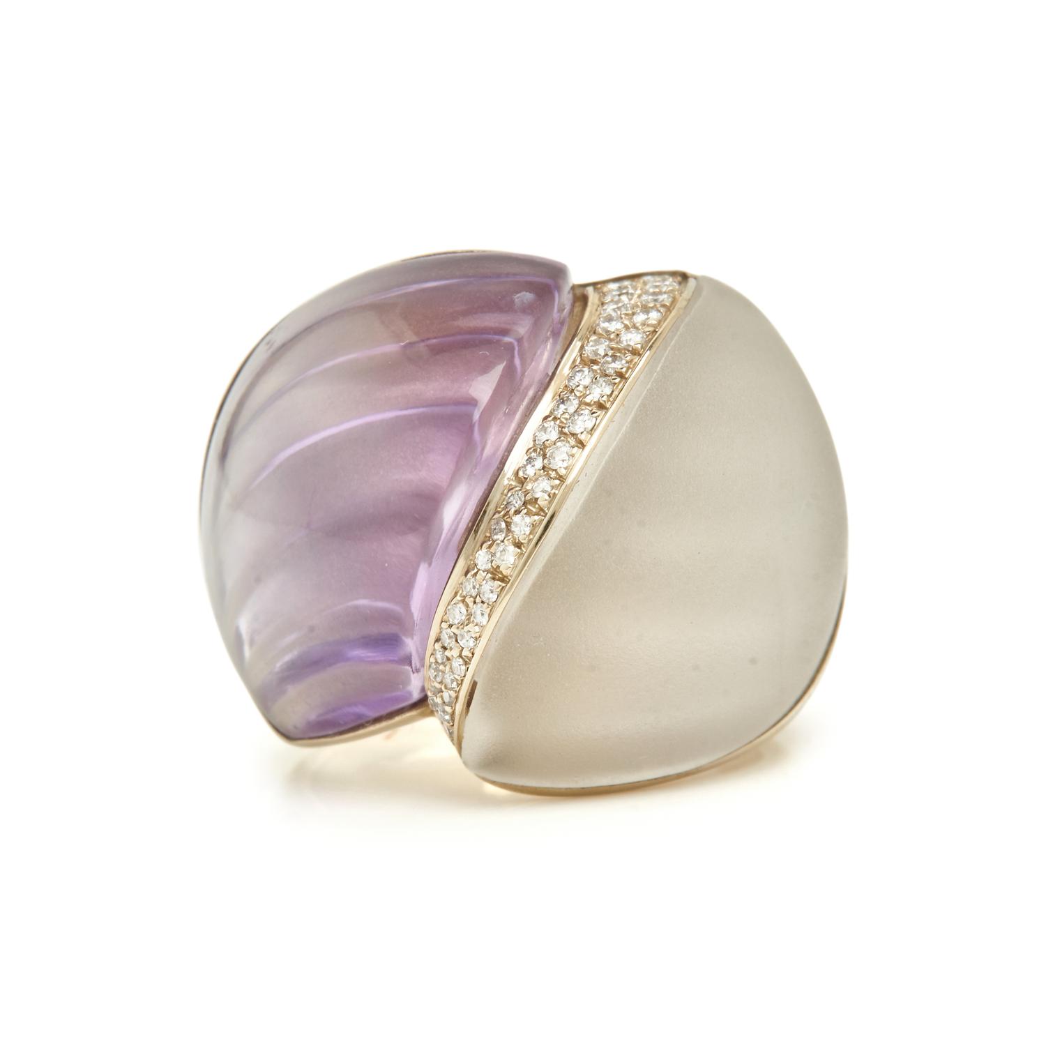 WHITE GOLD, CARVED AMETHYST, ROCK CRYSTAL AND DIAMOND RING