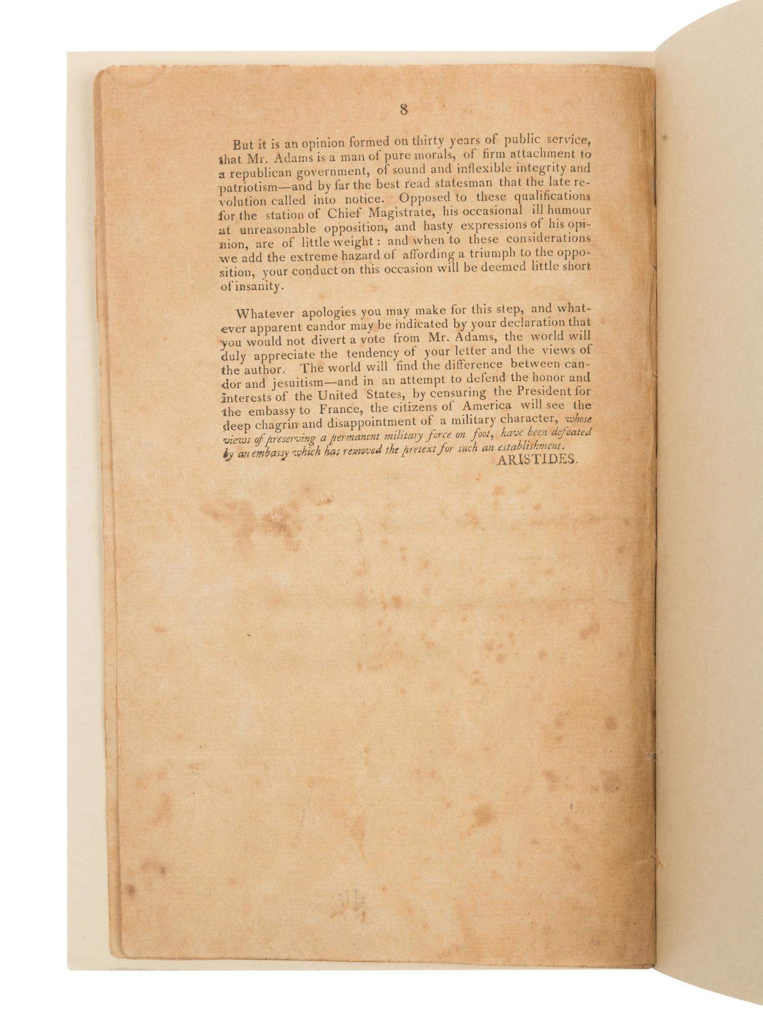 [HAMILTON, Alexander] -- [WEBSTER, Noah (1758-1843]. A Letter to General Hamilton, Occasioned by his Letter to President Adams. By a Federalist . [New York?: n.p., 1800?].