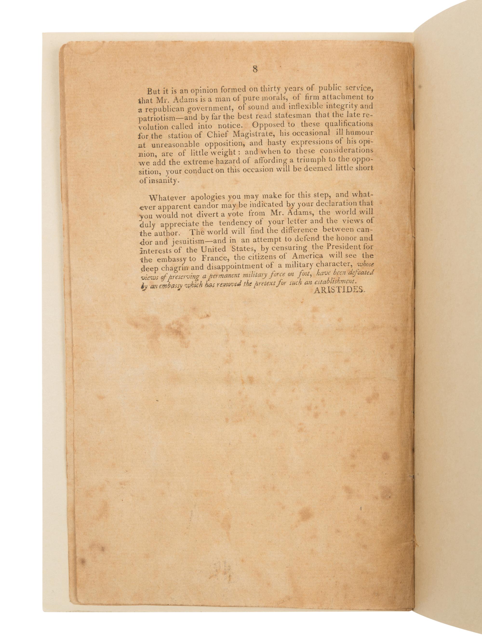 [HAMILTON, Alexander] -- [WEBSTER, Noah (1758-1843]. A Letter to General Hamilton, Occasioned by his Letter to President Adams. By a Federalist . [New York?: n.p., 1800?].