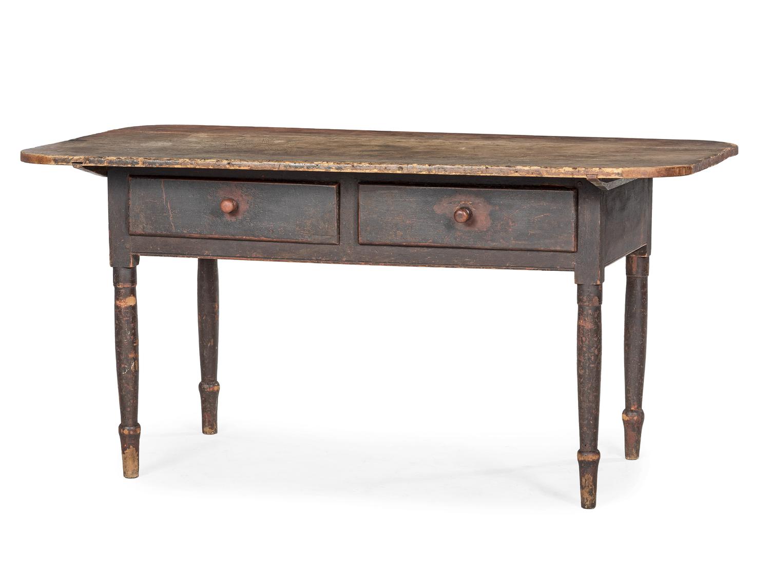 A Country Federal Red-Stained and Black Painted Cherrywood Two-Drawer Scrubbed Top Work Table