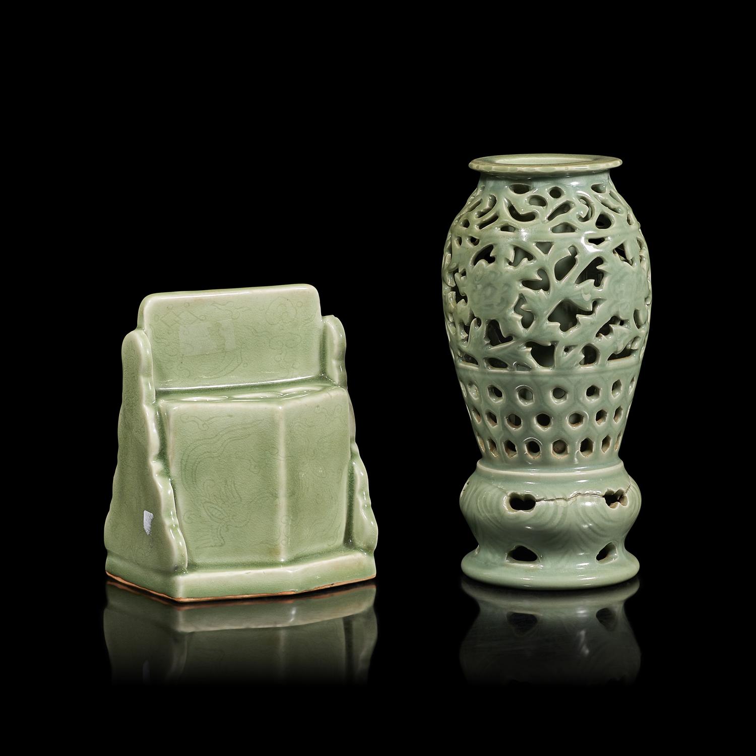 Two Chinese Celadon Glazed Porcelain Articles 豆青釉鏤雕花卉紋瓶及魁星點斗筆筒各一