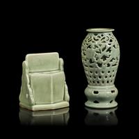Two Chinese Celadon Glazed Porcelain Articles 豆青釉鏤雕花卉紋瓶及魁星點斗筆筒各一