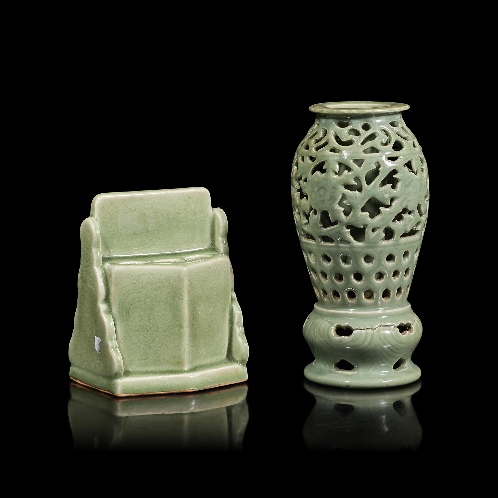Two Chinese Celadon Glazed Porcelain Articles 豆青釉鏤雕花卉紋瓶及魁星點斗筆筒各一