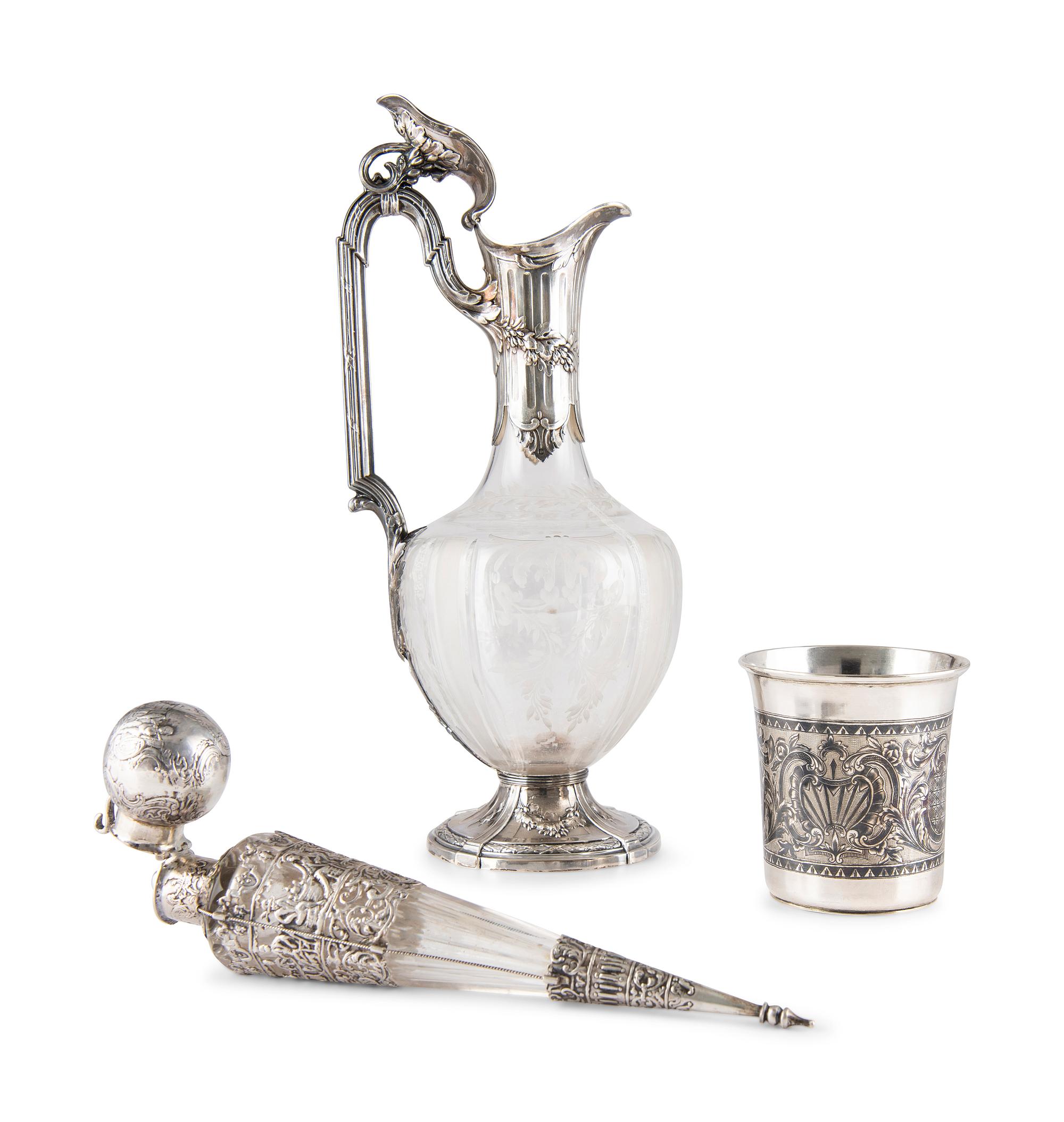 A Continental Silver Decanter, Beaker and Perfume