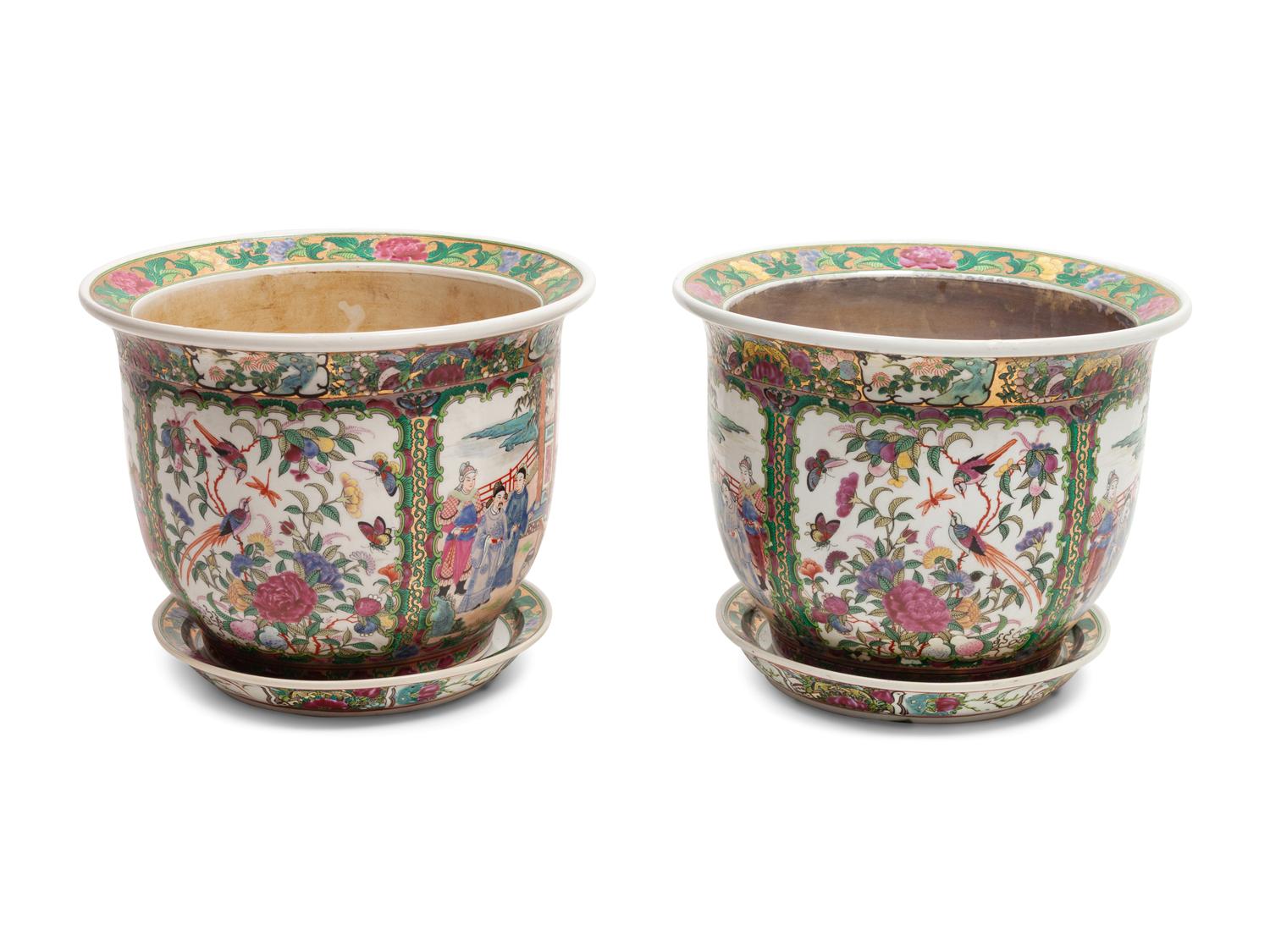 A Pair of Chinese Rose Medallion Porcelain Planters and Undertrays