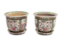 A Pair of Chinese Rose Medallion Porcelain Planters and Undertrays
