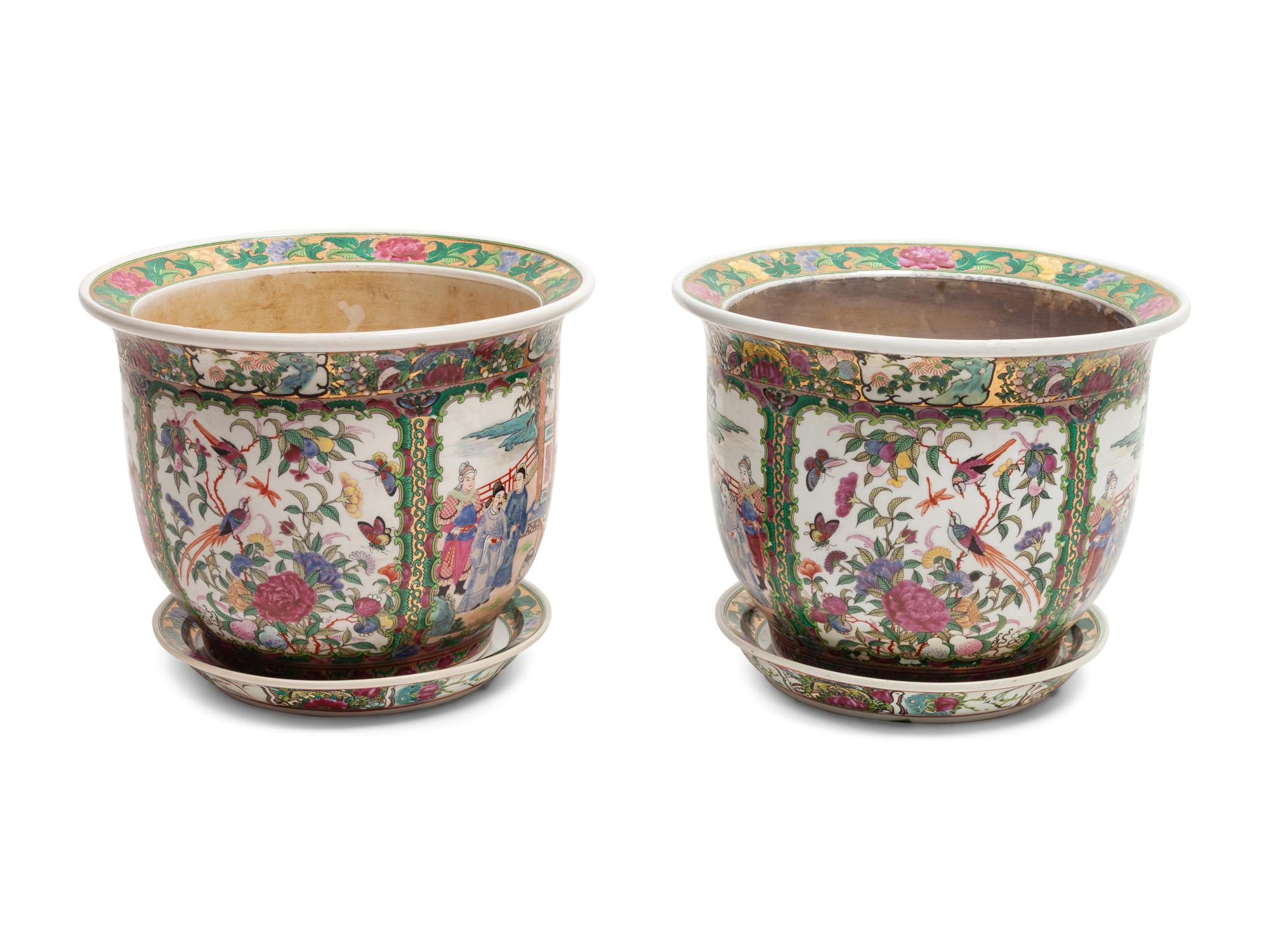 A Pair of Chinese Rose Medallion Porcelain Planters and Undertrays