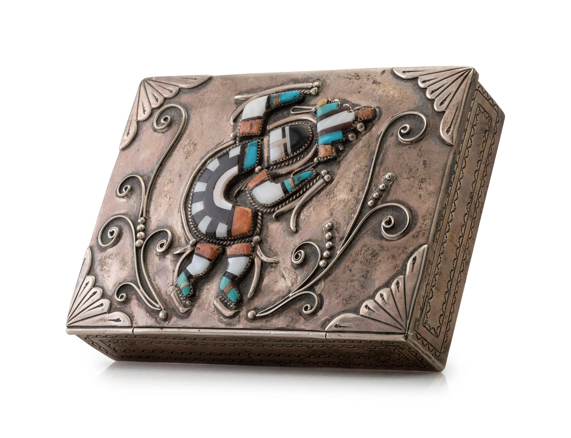 Lidded Sterling Silver Box, with Mosaic Inlay Rainbow Man