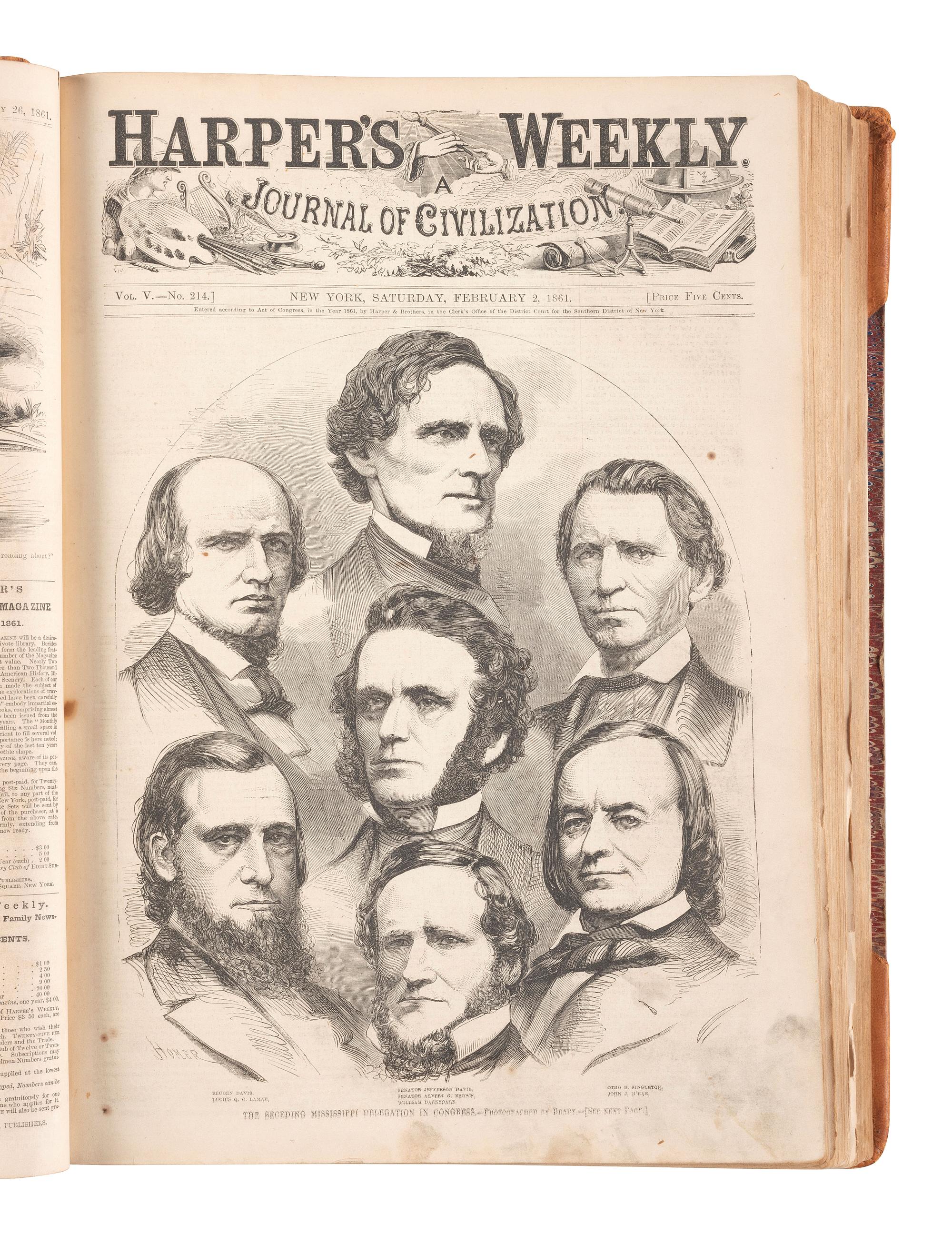 [CIVIL WAR]. Harper's Weekly. 305 issues in 6 bound volumes. New York: Harper & Brothers, 1860-1865.