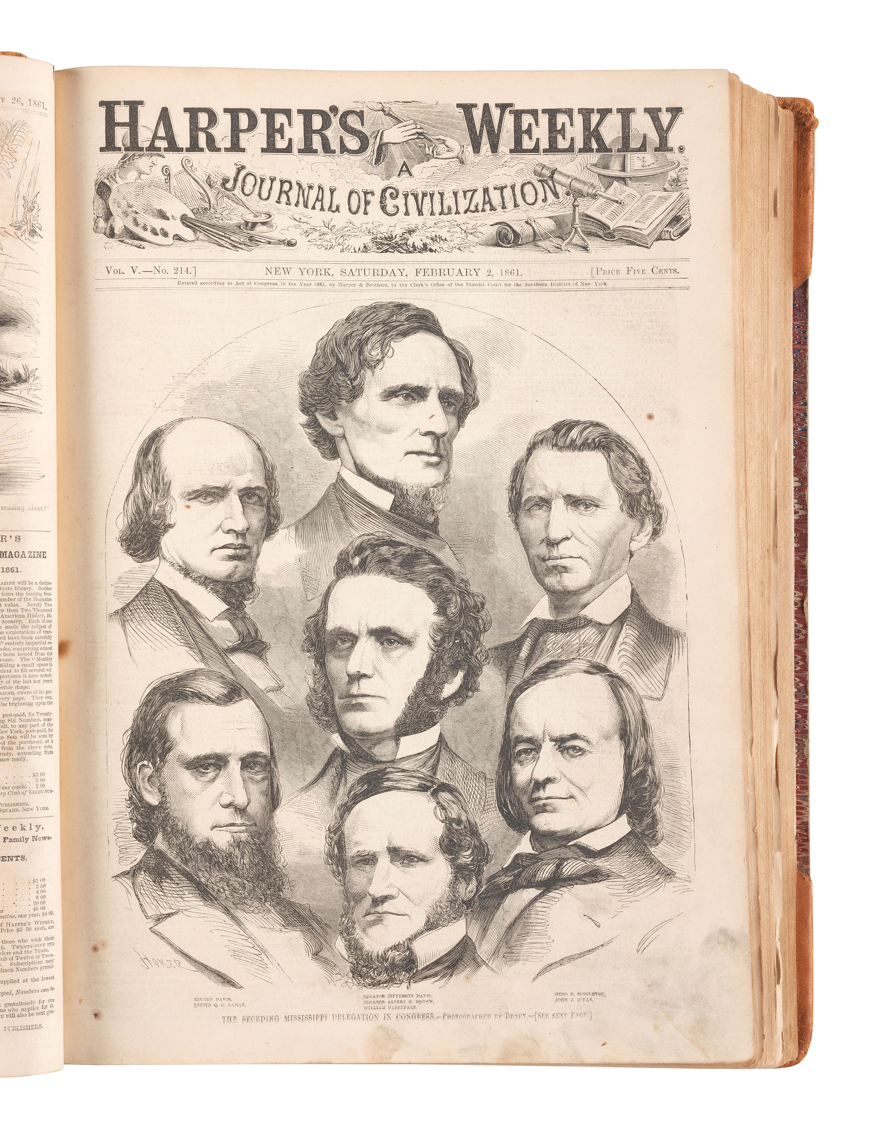 [CIVIL WAR]. Harper's Weekly. 305 issues in 6 bound volumes. New York: Harper & Brothers, 1860-1865.