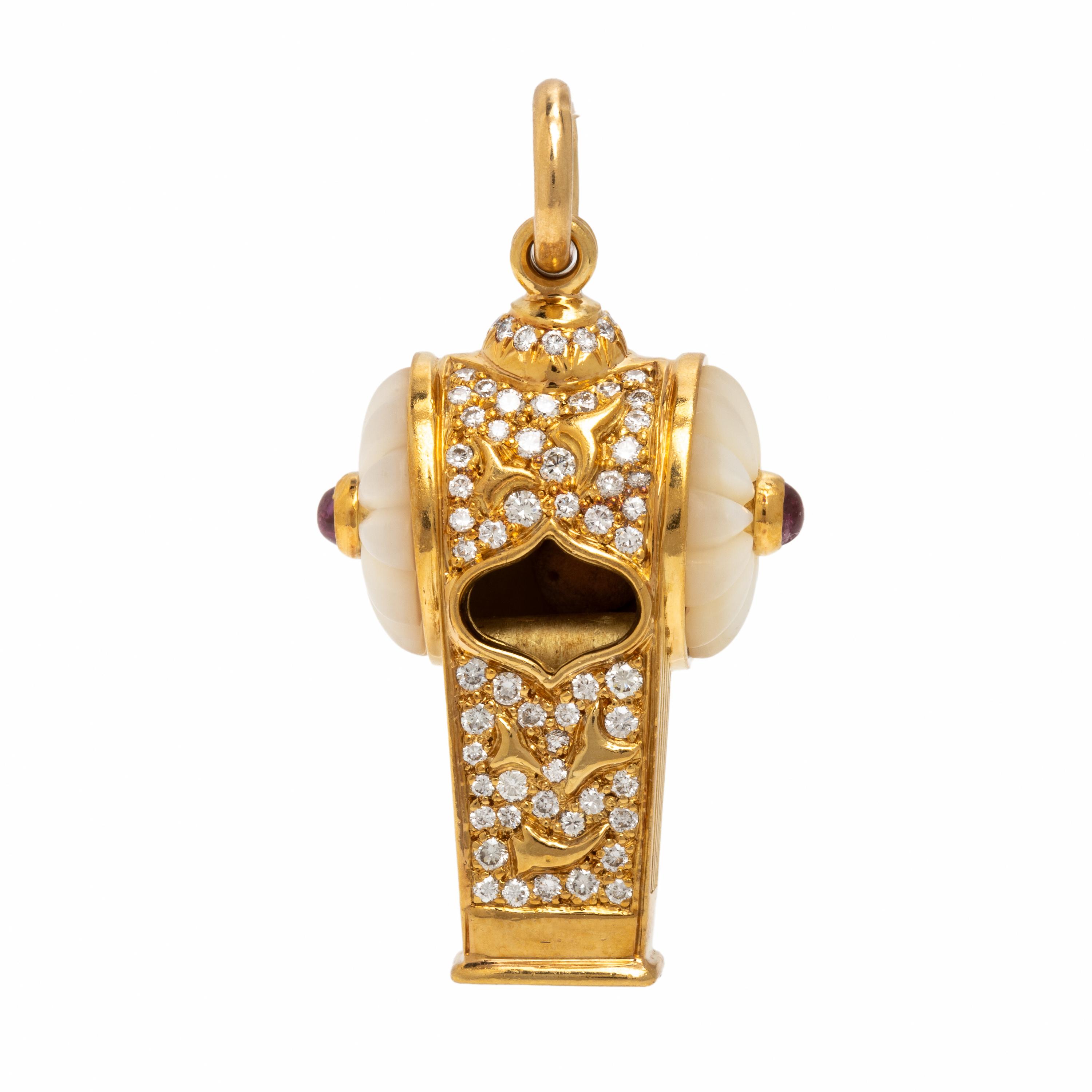 Harry Winston, Diamond, Mother-of-Pearl, Ruby and Yellow Gold Whistle Pendant