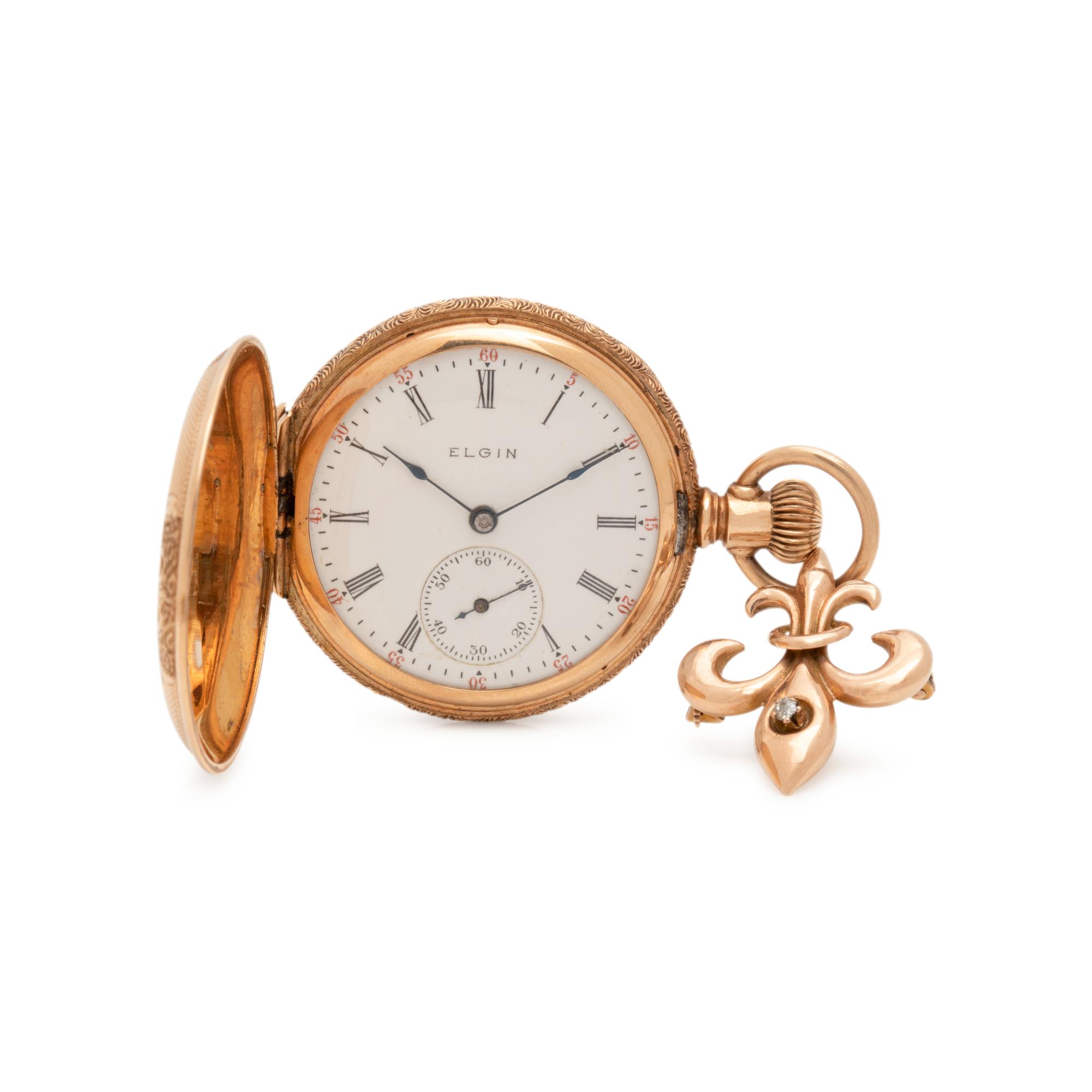 ELGIN, 14K YELLOW GOLD HUNTER CASE POCKET WATCH WITH LAPEL BROOCH