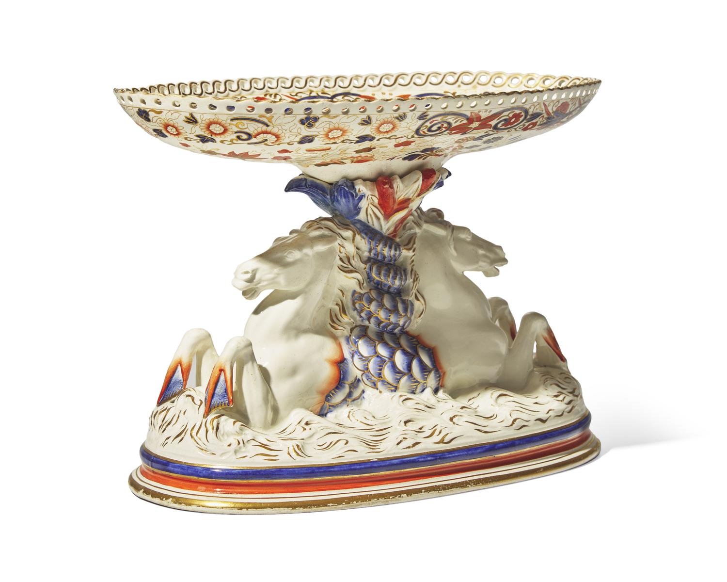 A Wedgwood Imari Palette Reticulated Oval Center Compote with Hippocampi Base