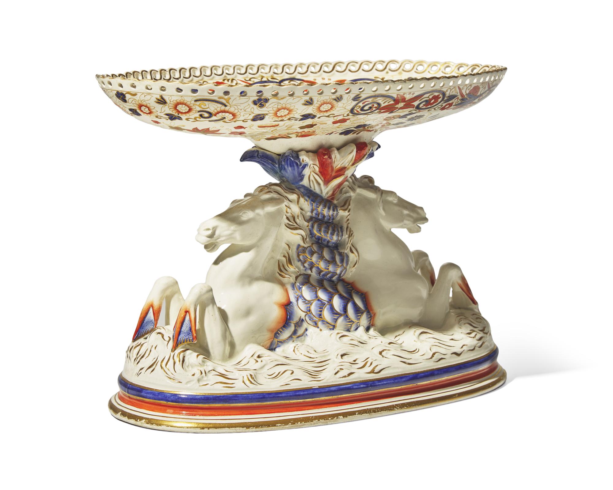 A Wedgwood Imari Palette Reticulated Oval Center Compote with Hippocampi Base