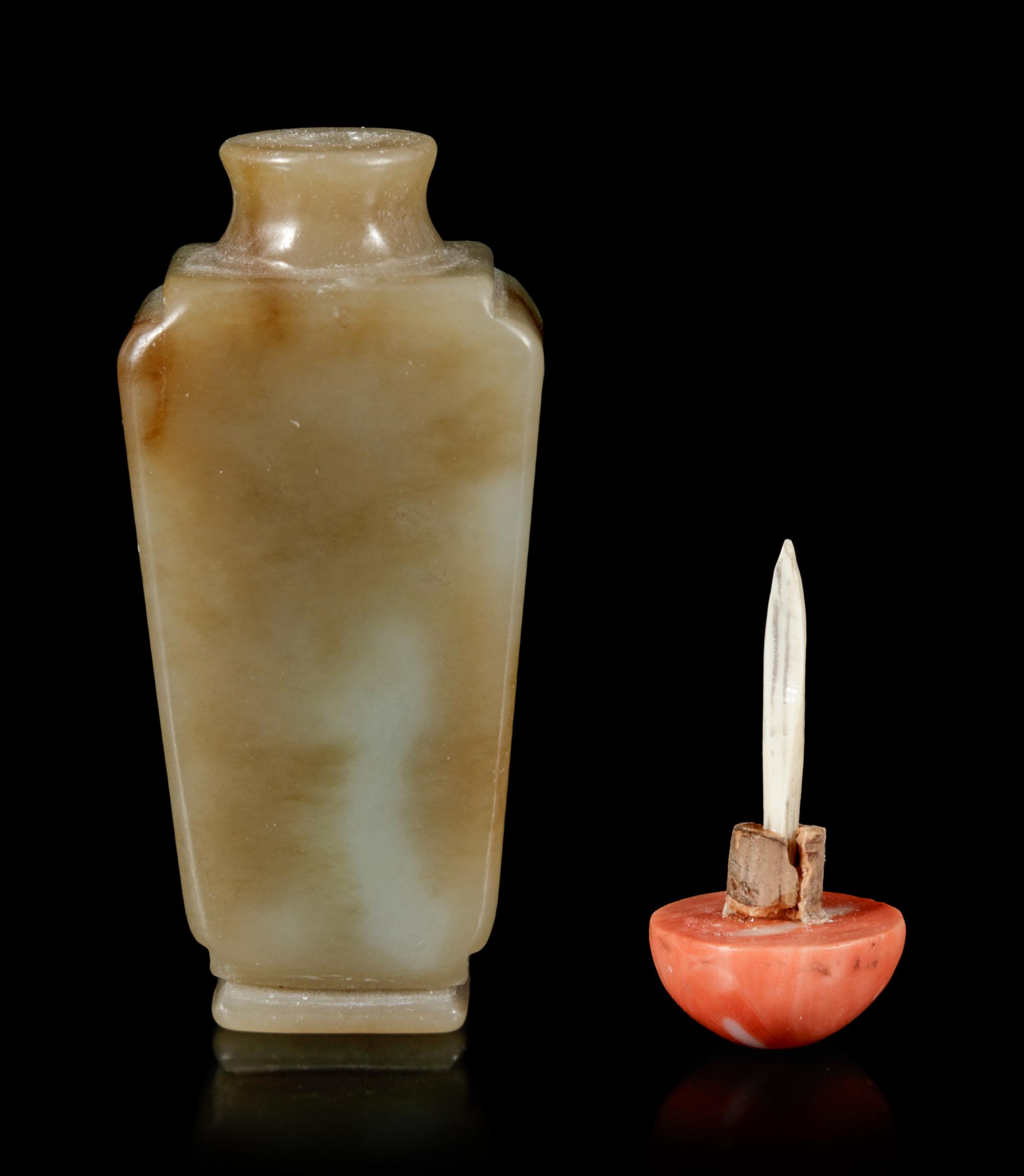 A Russet and Celadon Jade Snuff Bottle
