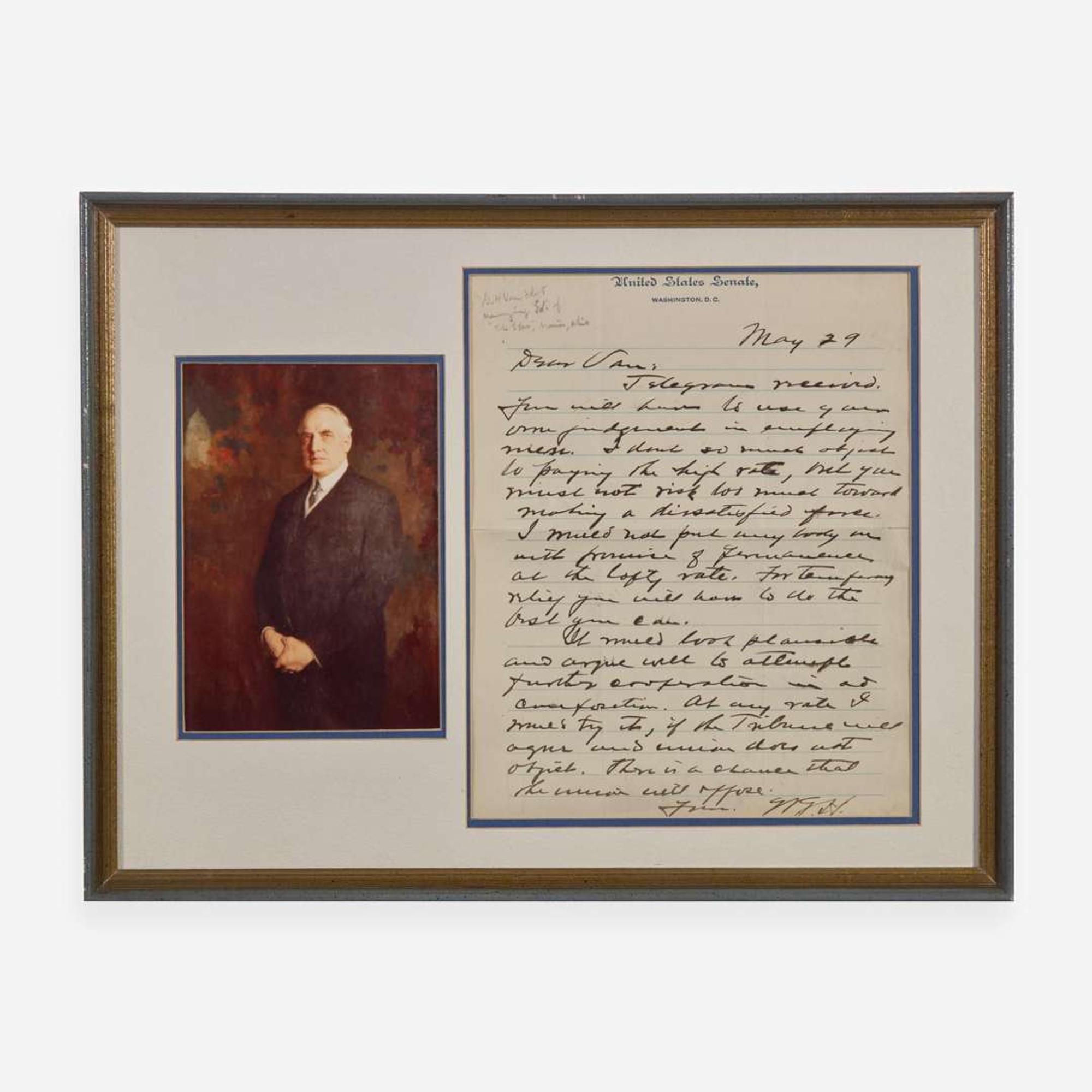 [Presidential] Harding, Warren G. Autograph Letter, initialed