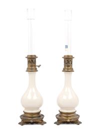 A Pair of French Opaline Glass Fluid Lamps with Etched Glass Shades Converted to Electricity