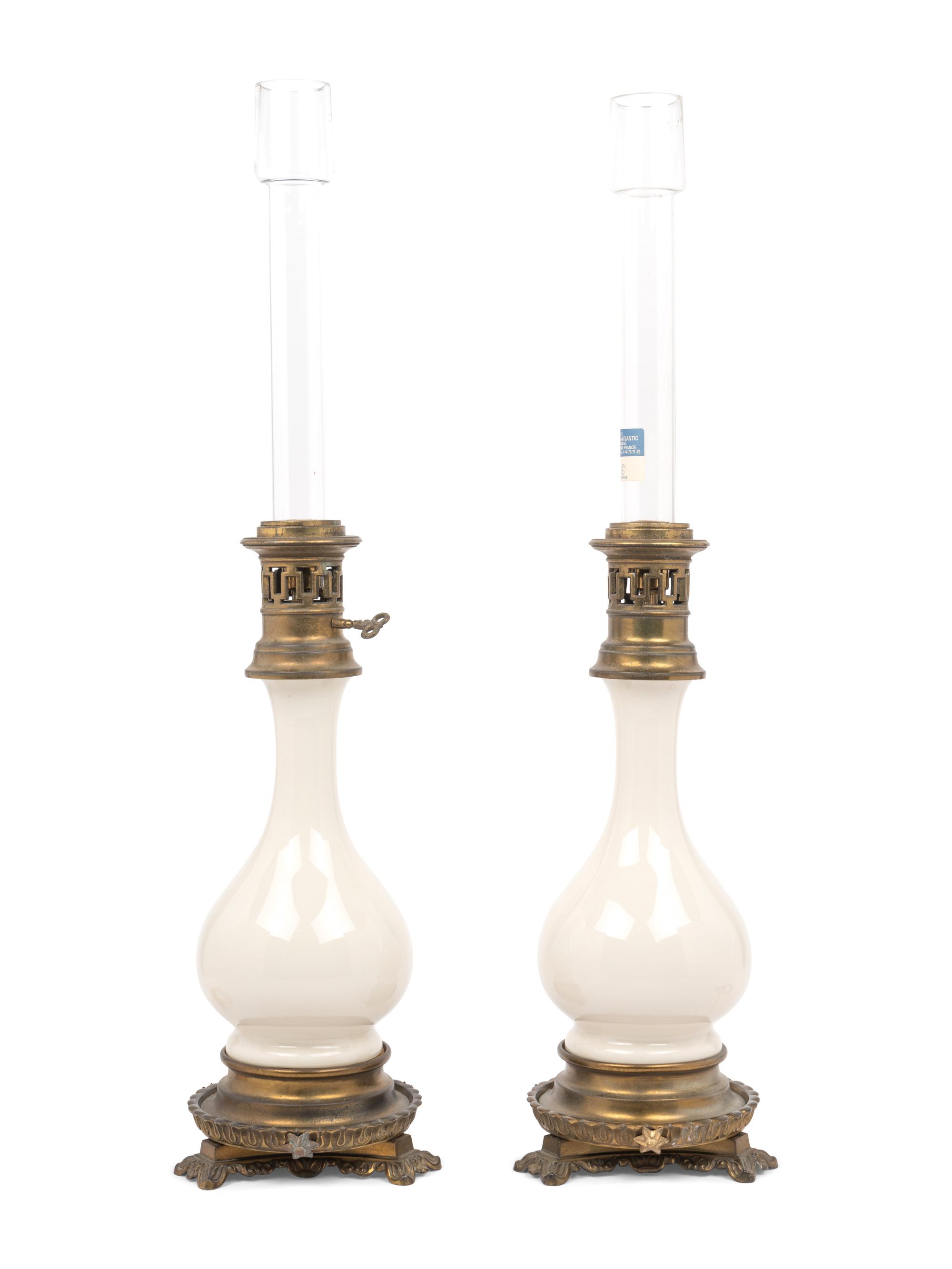 A Pair of French Opaline Glass Fluid Lamps with Etched Glass Shades Converted to Electricity