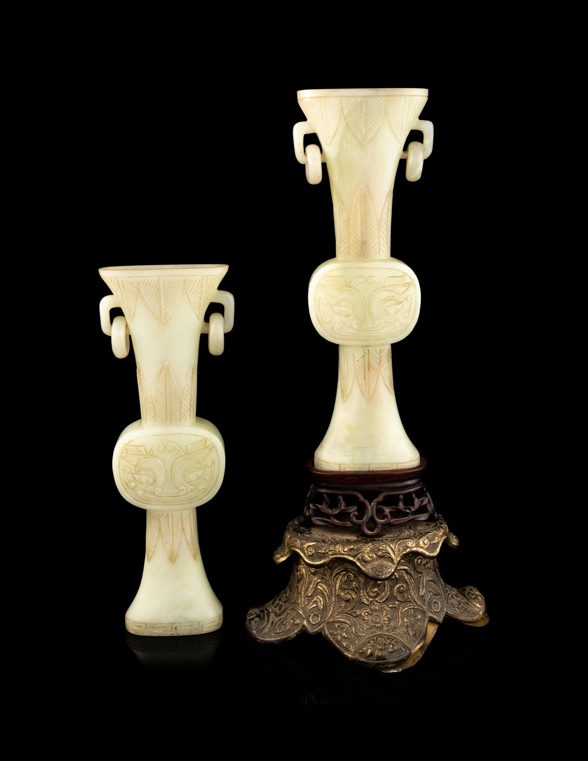 A Pair of Chinese Carved White Jade Gu Vases