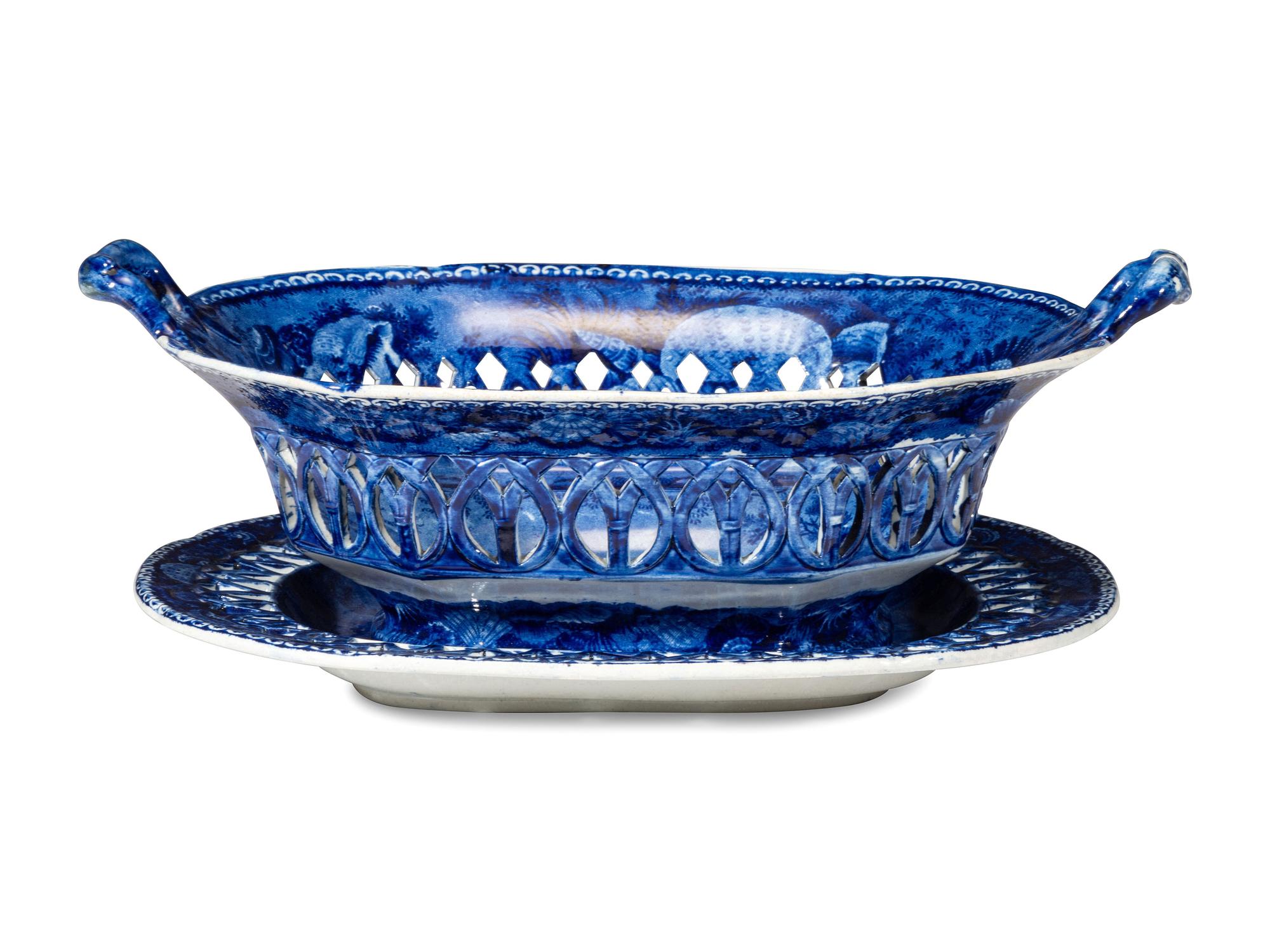 A Historic Blue Staffordshire 'West Point' Chestnut Reticulated Basket and Undertray