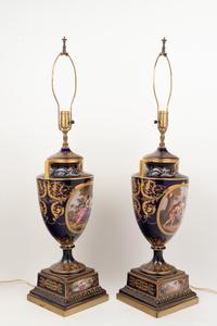A Pair of Vienna Porcelain Urns Mounted as Lamps